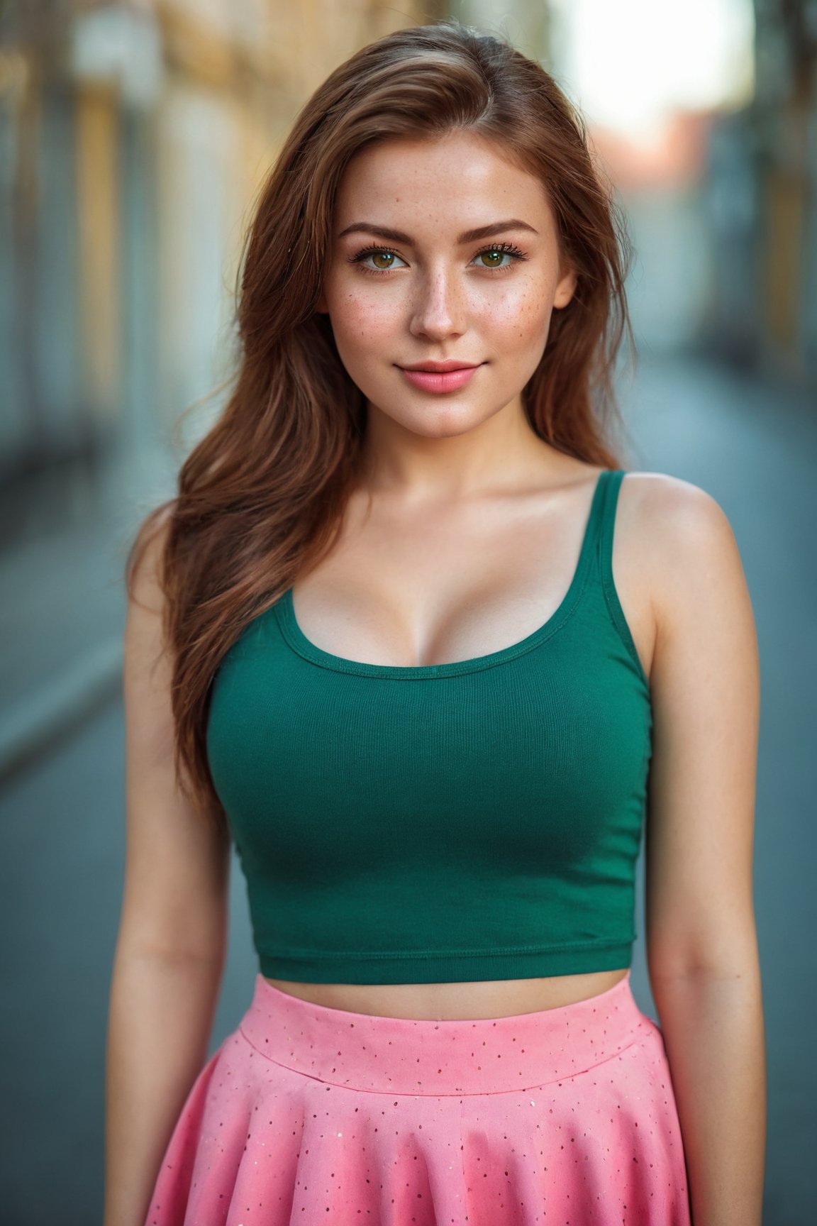 ((27-year-old Russian girl)) with a gorgeous and cute appearance. Capture her with a ((smirk)) and highlighting her ((freckles)). She should be wearing a ((green top and pink skirt)). In the background, include a young girl in a green top and pink skirt for context. This should be a ((masterpiece)) with a ((best_quality)) in ultra-high resolution, both ((4K)) and ((8K)), incorporating ((HDR)) for added vibrancy. Utilize a ((Kodak Portra 400 lens)) to achieve a professional and timeless quality. Emphasize a ((blurry background)) with a touch of ((bokeh)) and ((lens flare)) for artistic effect. Enhance ((vibrant colors)) for a lively appearance. Ensure the photograph is ((ultra-detailed)) and showcases ((absurdres)) details. Pay extra attention to capturing the ((beautiful face)) of the subject, focusing on features such as ((large breasts)) and a ((narrow waist)). Highlight any ((tattoos)) present. The goal is to create a ((professional photograph)) that is both visually striking and technically superb.