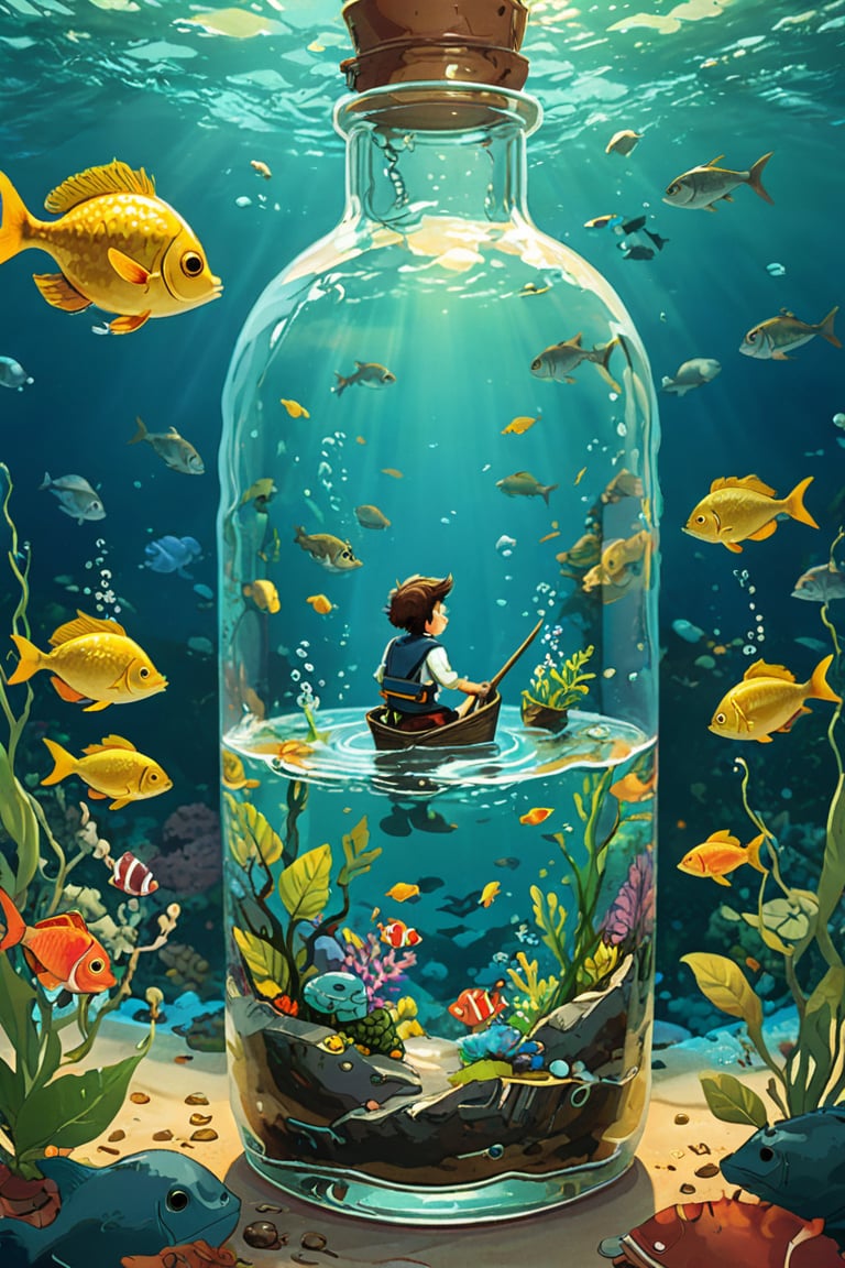 Illustration, styled by Hayao Miyazaki, An ocean made of liquid gold , Set in a glass bottle, A pirate sailing on a leaf, A talking fish, Hand - drawn animation cells, Whimsical and fantastical, Child's - eye view, Rich and detailed, Vibrant and earthy tones, Soft and defined lines, Balanced yet dynamic, Soft natural lighting,Movie Aesthetic