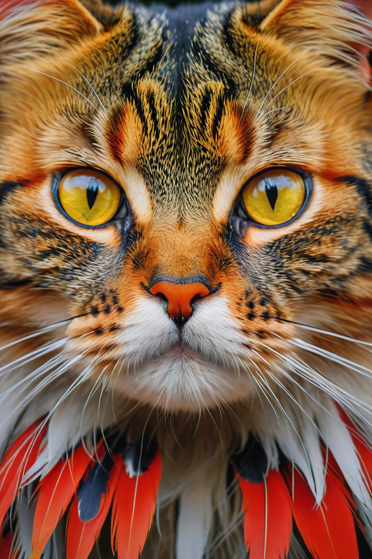 gray and red feathers on a cat, in the style of yellow and orange, northern china's terrain, distinctive noses, paul gauguin, uhd image, zhichao cai, shiny eyes