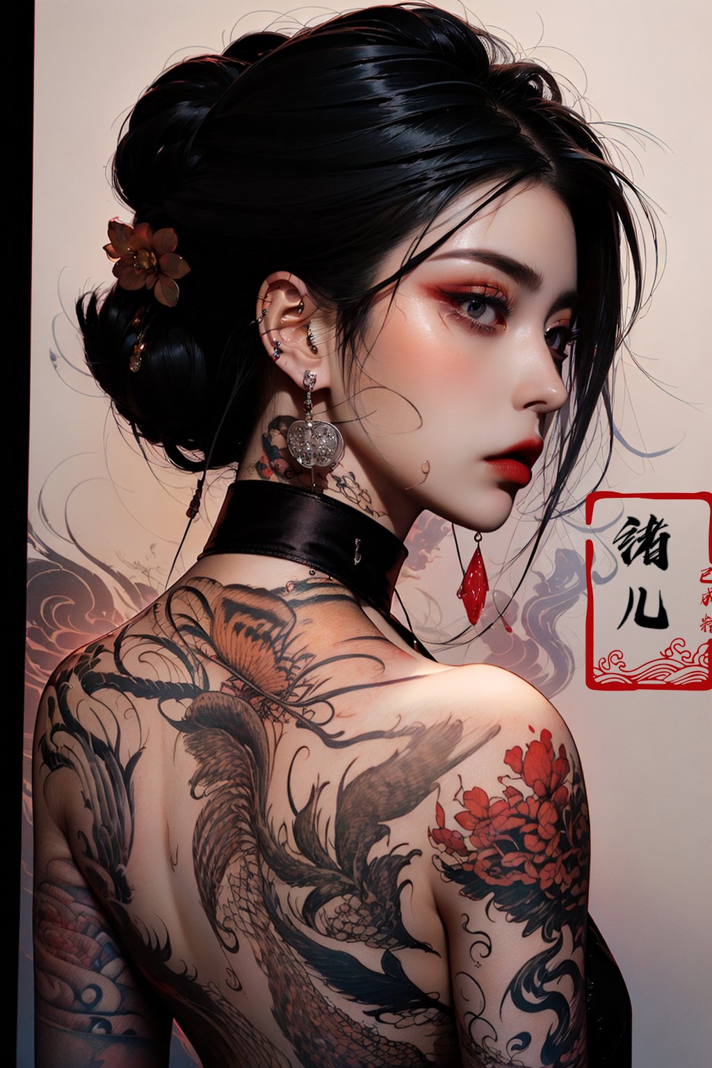 color paint，A mature face，sideways glance, (cold attitude,eyeshadow,eyeliner:1.1),(red lips:1.5),watery eyes,jewelry，earrings，arm tattoo，full-body tattoo，(upper body:1.5), back tattoo， <lora:color paint_20231218224545:0.8>