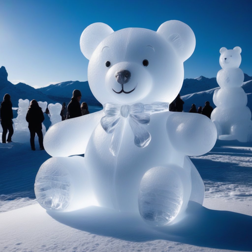 teddy bear ice sculpture made of snow