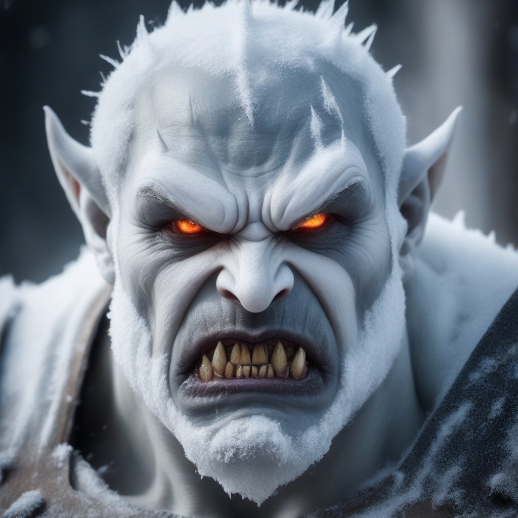 close up portrait of an angry white orc made of snow,  ice and icicles. His eyes are of fire