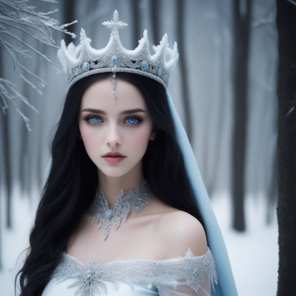 She is the lady of winter, she wears a white dress made of snow and a crown of icicles, she is very beautiful and pale with ice blue eyes that contrast with her thick black hair.