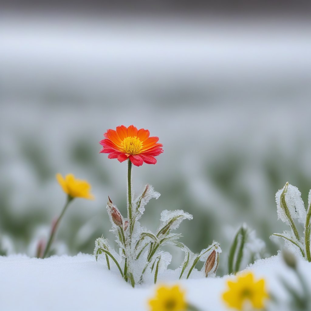 In the middle of a field of flowers made of snow and ice, a brightly colored flower stands out.