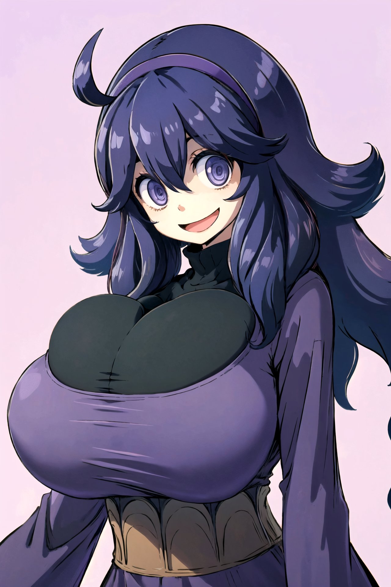 1girl, solo, huge breasts, occult,long hair,ahoge,hairband,@ @,1girl,purple hairband,dress,messy hair,smile,breasts,hair between eyes,looking at viewer,solo,bangs,purple hair,alternate breast size,open mouth,purple eyes,simple background,long sleeves,occult, simple background, <lora:cleavagebulge2-000001:1.2>   <lora:Hex Maniac01:1>
