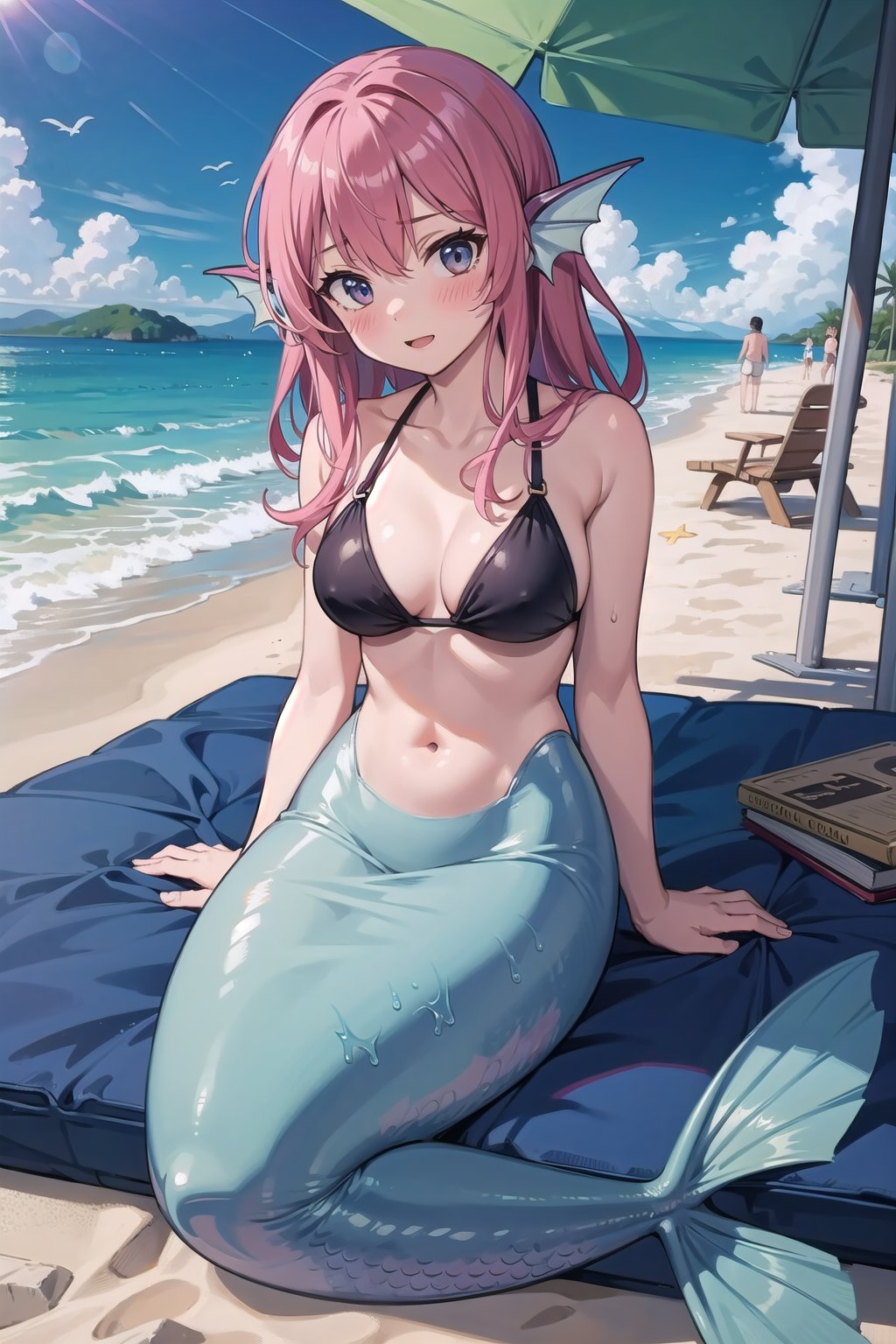 (masterpiece),  beach,  1girl,  mermaid,  head fins,  blush