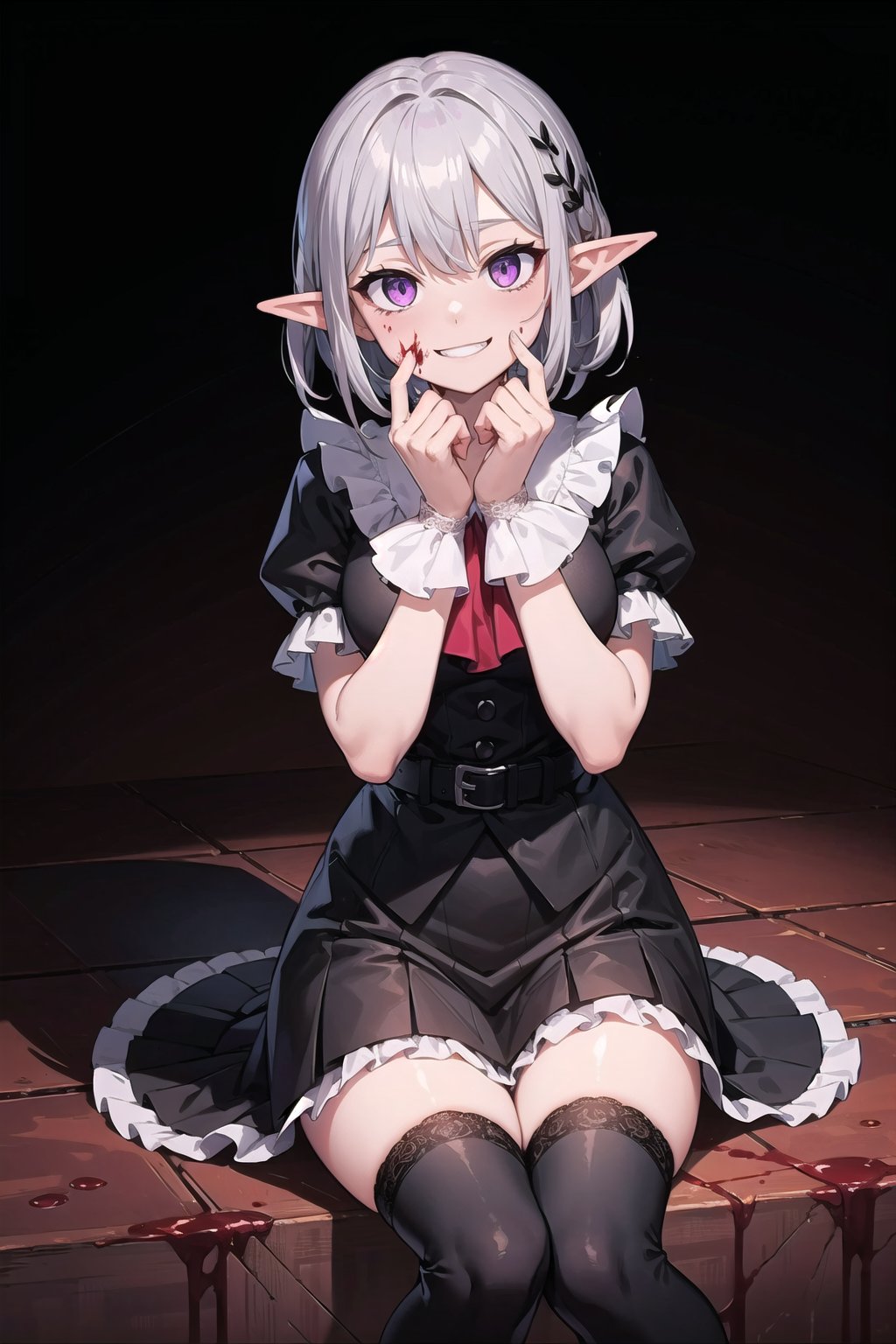 (masterpiece), best quality, high resolution, extremely detailed, detailed background, cinematic lighting, outdoor, 1girl, elf, medium hair, silver hair, crossed bangs, purple eyes, medium breasts, pink shirt, black dress, drastic hair ornaments, skirt, frills, lace rims, frilled sleeves, frilled skirt, thighhigh, ankle boots, yandere, yandere face, shaded face, crazy eyes, glowing eyes, crazy smile, blood, blood on face, blood on clothes, hands on own cheeks,