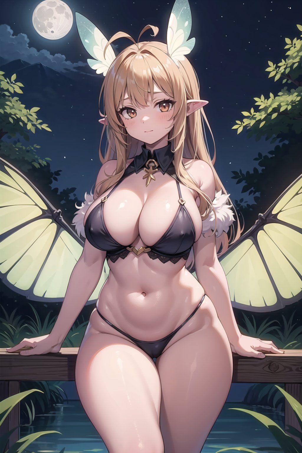 (masterpiece),  1girl,  moth girl,  antennae,  night,  moon,  fluff,  moth wings,  thick thighs,  stomach