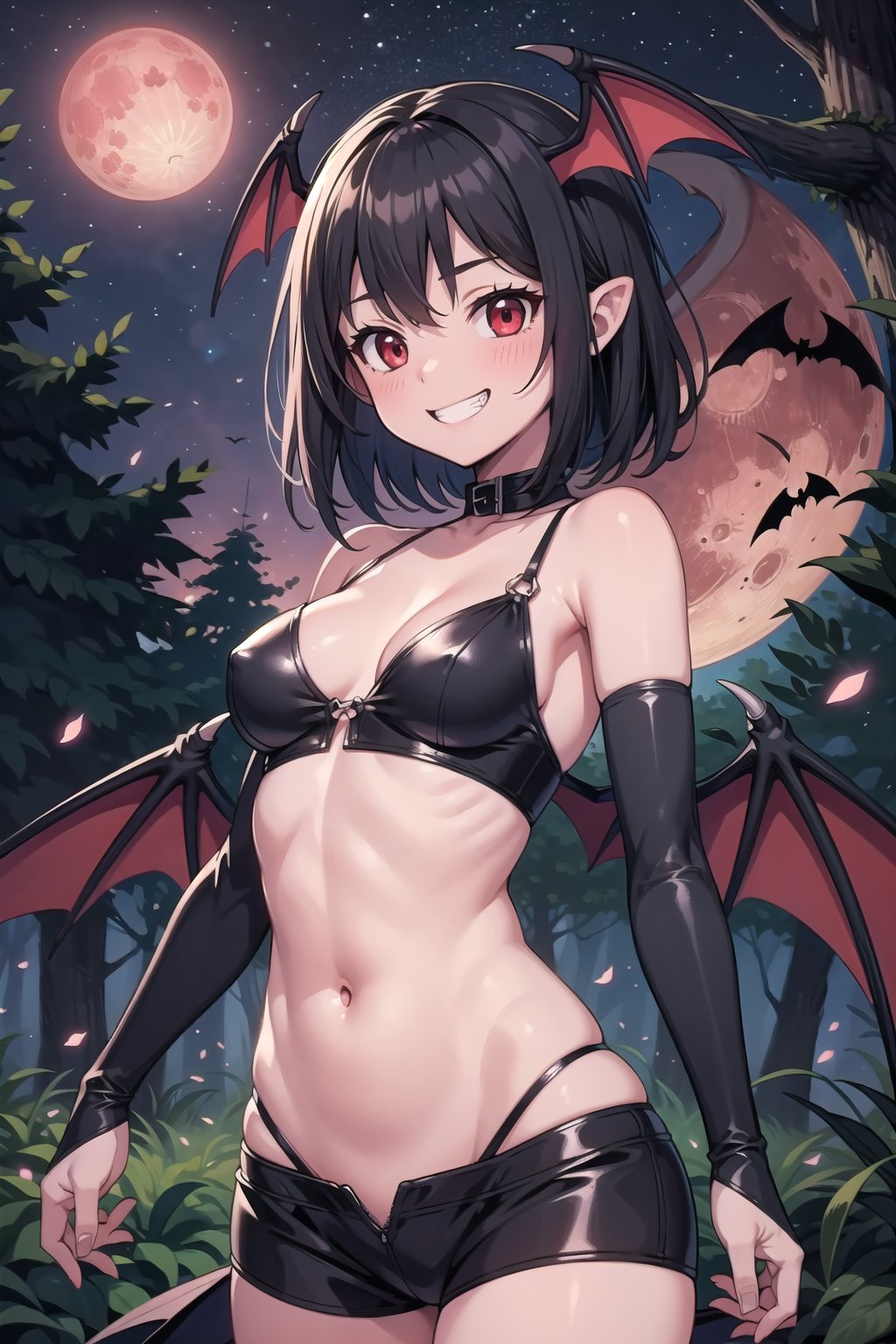 (masterpiece),  fantasy,  forest,  night,  starry sky,  red moon,  1girl,  black hair,  medium hair,  red eyes,  bat wings,  stomach,  grin,  red eyes