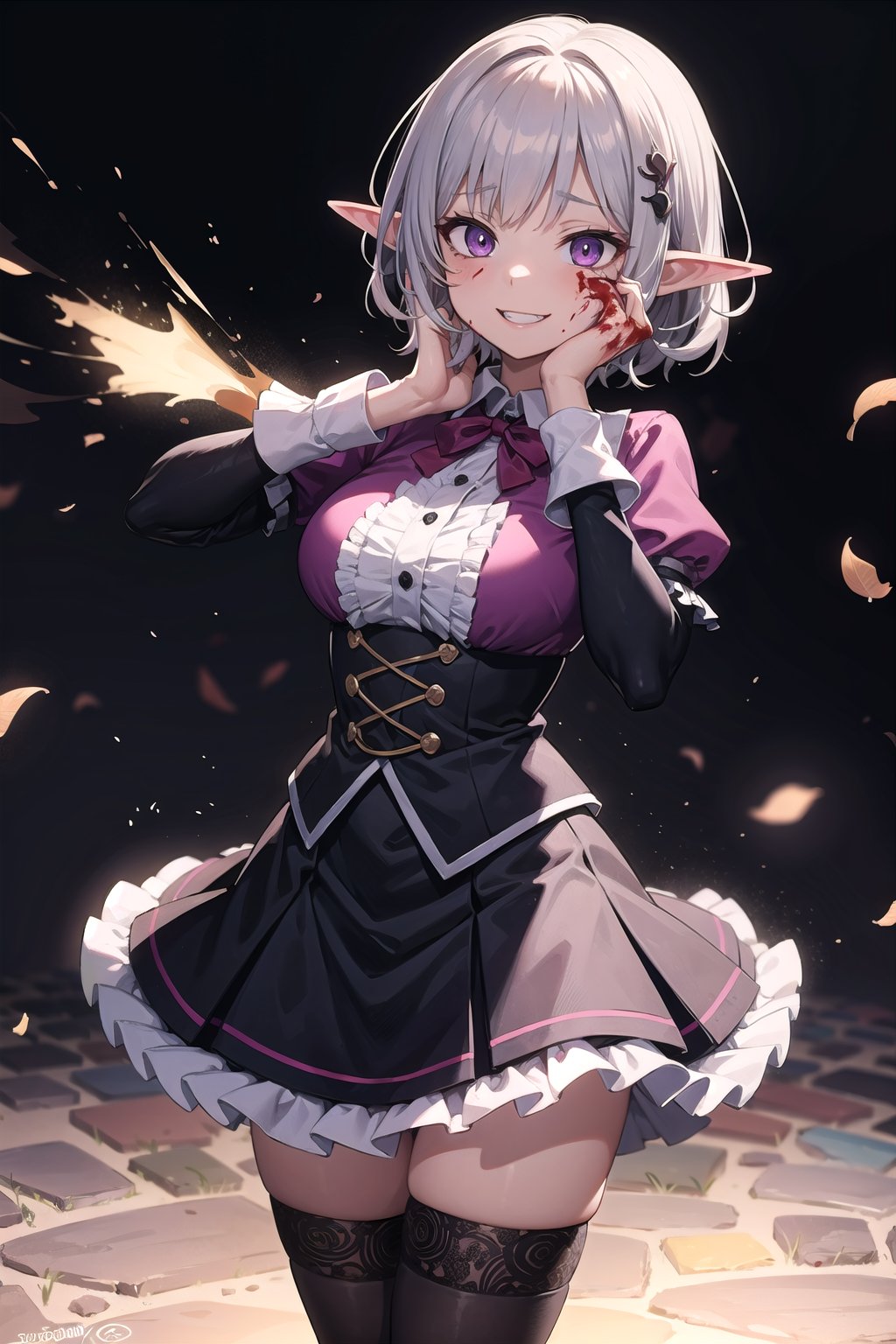 (masterpiece), best quality, high resolution, extremely detailed, detailed background, cinematic lighting, outdoor, 1girl, elf, medium hair, silver hair, crossed bangs, purple eyes, medium breasts, pink shirt, black dress, drastic hair ornaments, skirt, frills, lace rims, frilled sleeves, frilled skirt, thighhigh, ankle boots, yandere, yandere face, shaded face, crazy eyes, glowing eyes, crazy smile, blood, blood on face, blood on clothes, hands on own cheeks,