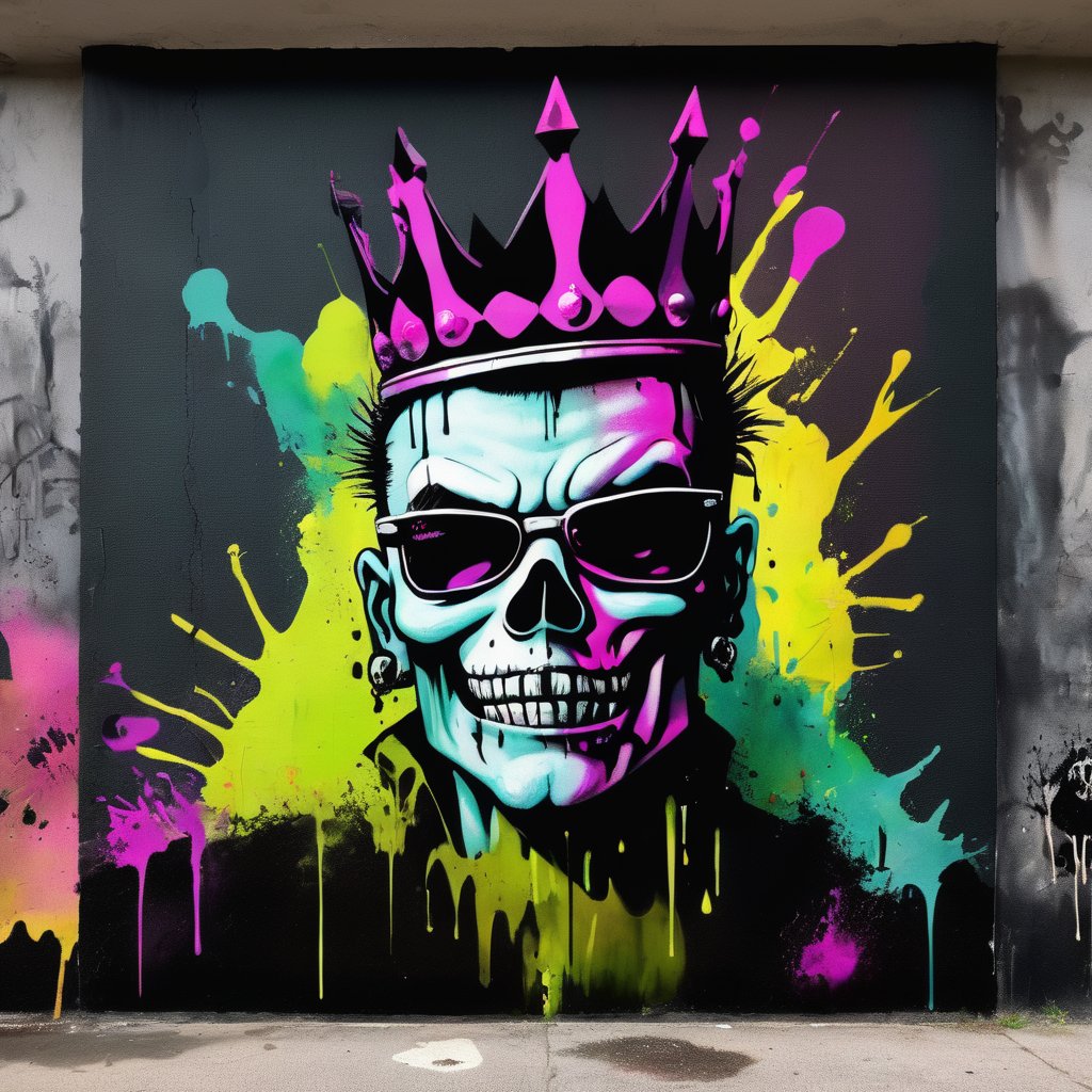 An urban canvas showcasing The toxic punk king,  king's crown,  diffuse colors,  black tones,  unworthy, surreal, award winning composition, artistic expression, extreme composition, 