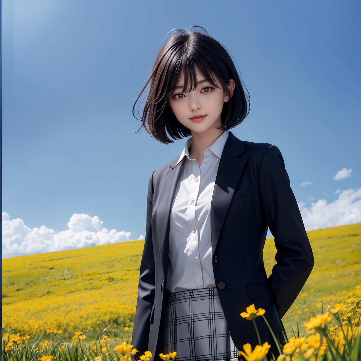 Fractal art that is mesmerizing and visually stunning. Official art, masterpiece. 4K high resolution rendering. One Japanese girl, 17 years old, 5 feet tall. Straight, medium bob black hair, bangs, dark brown eyes, short eyelashes. Calm smile. Small breasts. Standing posture. Black blazer, white collared shirt, checked skirt. Grass field in park. Spring, daytime, blue sky, yellow flowers. Cowboy shot.