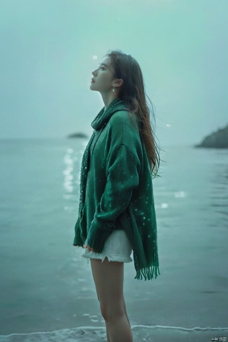 xxmixgirl,8K,raw,from below,1gril,solo,earrings,(full body:1.3),standing,long legs,sweater,Dark green scarf,sea,The glimmer of the sea,(Film grain:1.2),light particles,looking at viewer,(looking into the distance:1.2),