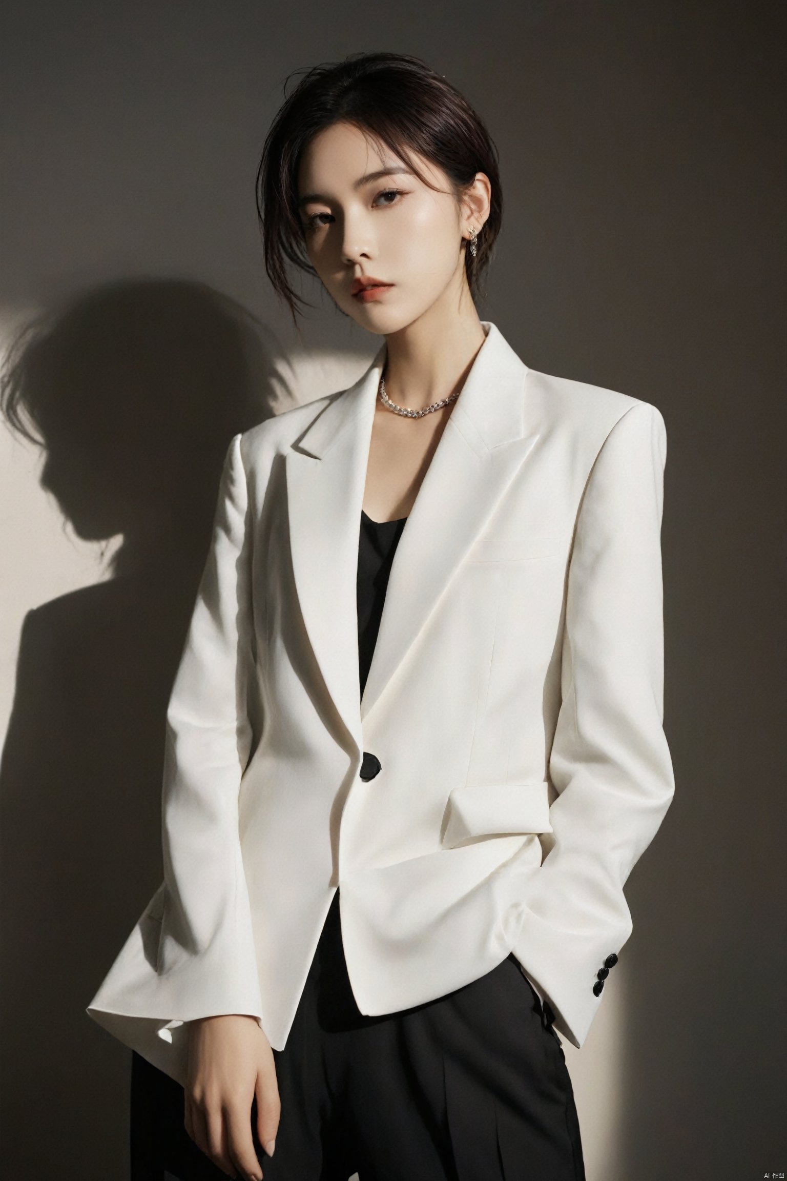  (((magazine cover: 1.4641))), magazine cover, poster, 1girl, full_body_shot, photography_studio, dramatic_photoshoot, high_contrast_lighting, dark_background, androgynous_style, tailored_suit, crisp_white_shirt, black_tie, fitted_jacket, wide_leg_pants, sleek_ankle_boots, slicked_back_hair, bold_eyebrow_arch, smoky_eyes_makeup, minimalist_jewelry, power_pose, hands_in_pockets, sharp_profile, standing_on_platform, strong_posture, shoulders_back, textured_fabric, clean_lines, buttoned_up_look, deep_gaze, fashion_forward, contemporary_portrait, cinematic_lighting, dynamic_shadows, modern_fashion_photography