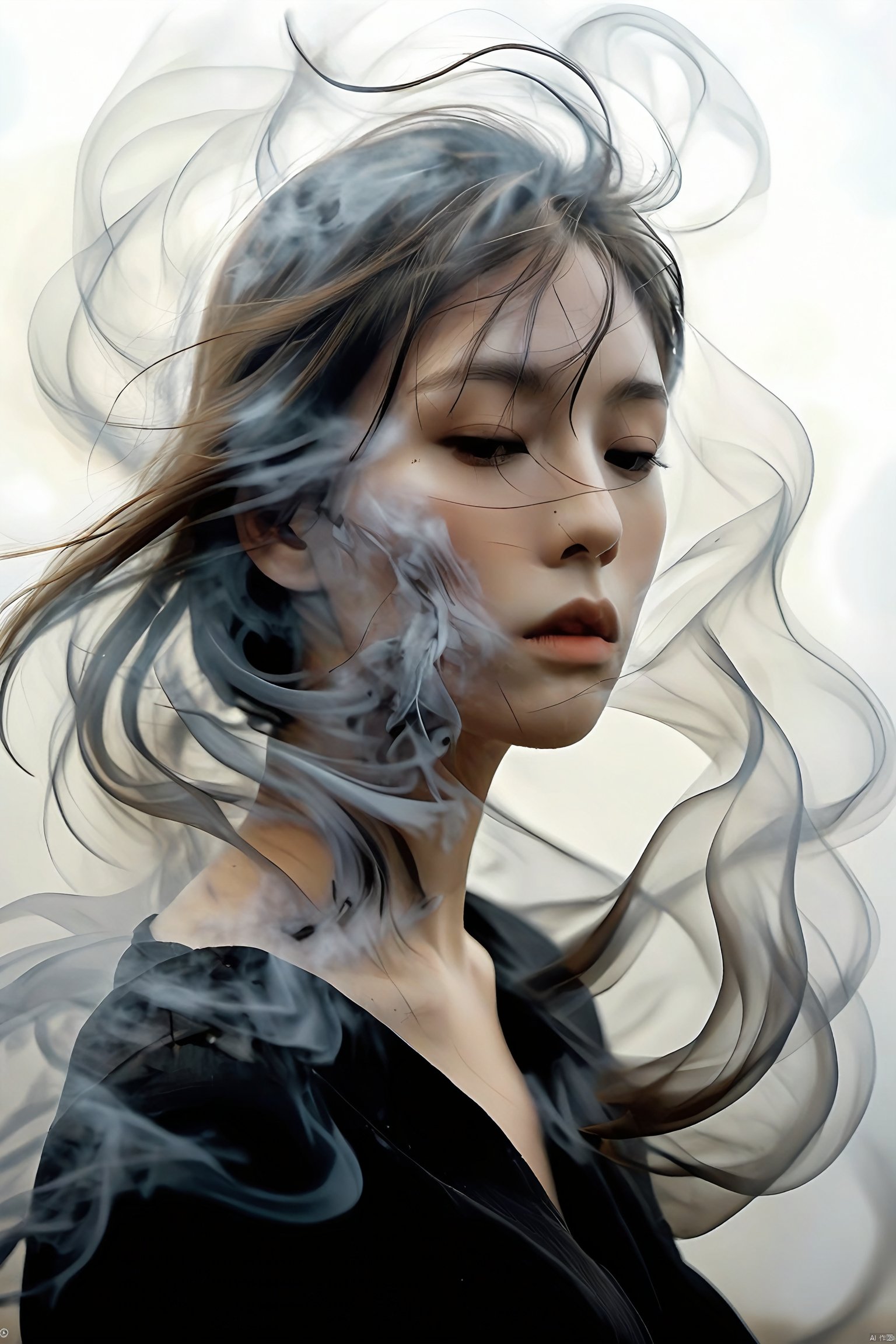 white, thick smoke covers face of model on picture and is blown to the right by the wind
