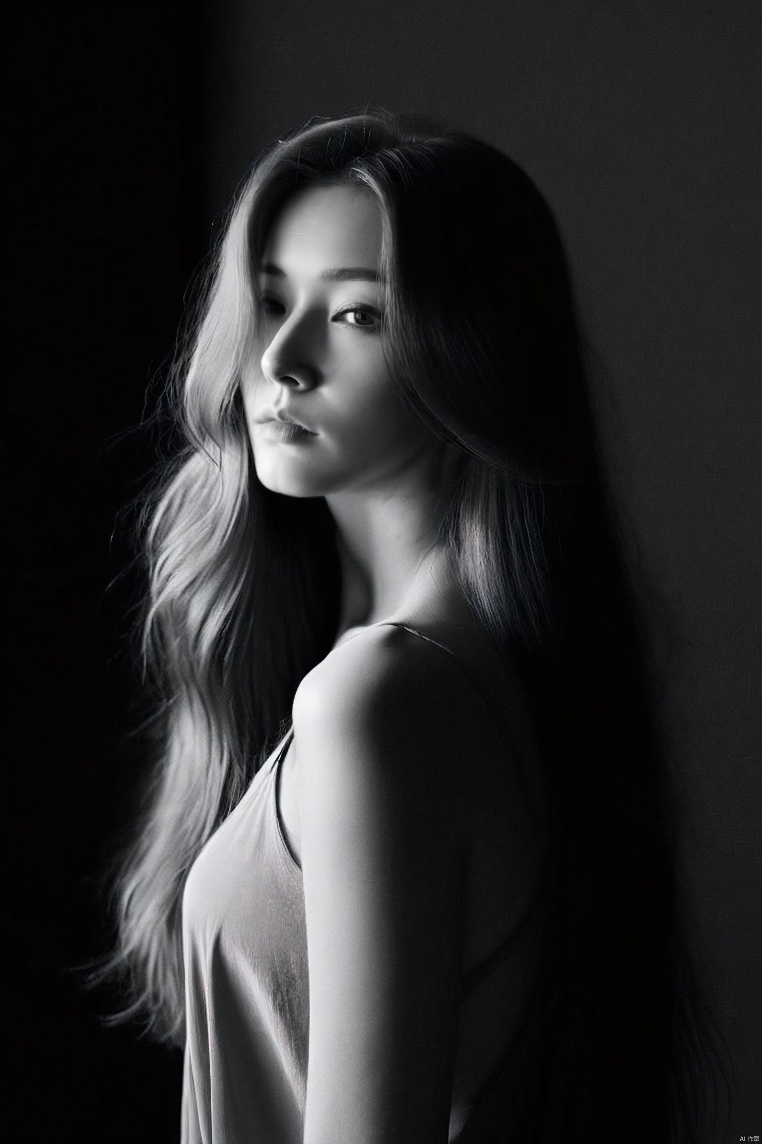  long hair,flowing hair,watching audience,(front),(studio light),upper body,soft light,black and white,dark style,summer,Full Frontal,