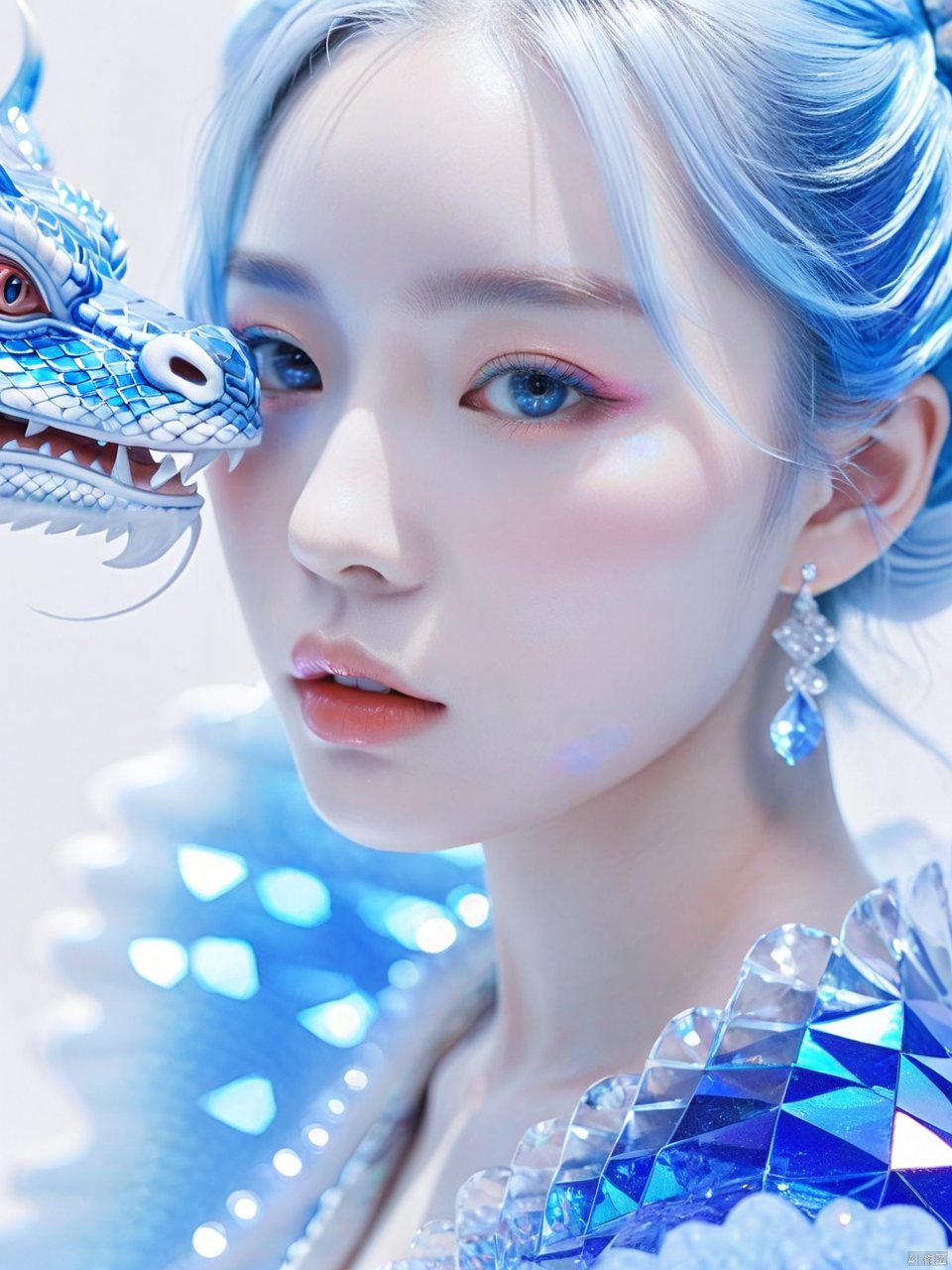 Transparent blue and white porcelain PVC skin, transparent blue and white porcelain colored skin scales, prisms, holography, color difference, fashion illustrations, masterpieces, Chinese dragon and Harajuku fashion, looking at the audience, 8k, super detailed, pixiv