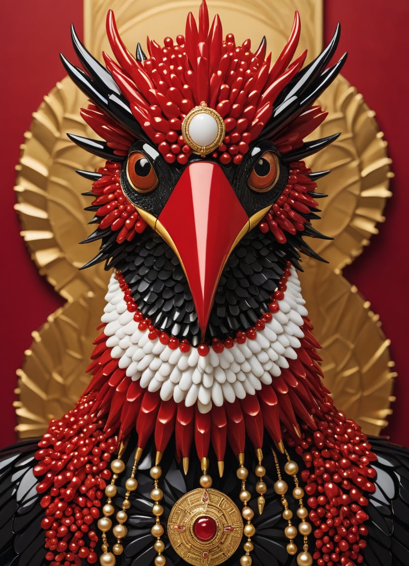 Realistic anthropomorphic red white and black hummingbird face frontal made of red coral, mahogany, black obsidian, bloodstone, tourmaline and gold, elegant, diamonds, gold, elegant, masterpiece, concept art, tectonic, gold shiny background, nikon photography, shot photography by wes anderson, kodak color, hd, 300mm