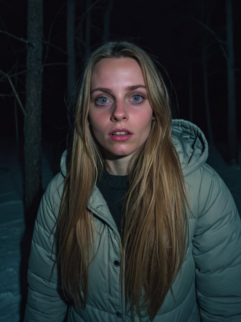 girl at night in the wood, selfie, poorly dressed,  ugly, dirty clothes, dirty face, winter, scared, afraid,, at night, very dark, infrared photography, without flash, grainy, ((motion blur)), blurry, walking