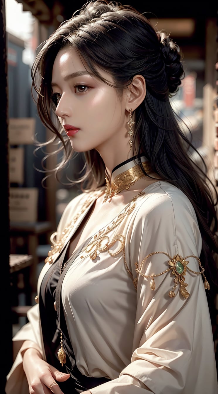(masterpiece,best quality,ultra-detailed,16K,intricate, realistic,high contrast,photorealistic,HDR,vibrant color,RAW photo), rule of thirds,girl in photo studio,23yo,black hair, earrings, jewelry, detailed exquisite symmetric face, hourglass figure,(jade-colored) jacket draped on shoulders,detailed soft skin, shiny skin, smile, alluring neighbor's wife, warm tone,rembrandt lighting, chiaroscuro lighting, upper body sideshot, looking at viewer, cinematic shot,1 girl,leonardo,High detailed ,Color magic,Color Booster,jeon_jihyun,style