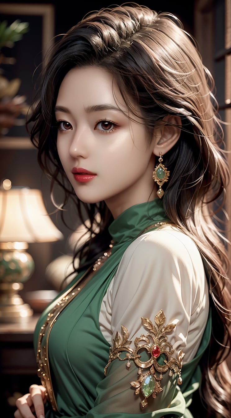 (masterpiece,best quality,ultra-detailed,16K,intricate, realistic,high contrast,photorealistic,HDR,vibrant color,RAW photo), rule of thirds,girl in photo studio,23yo,black hair, earrings, jewelry, detailed exquisite symmetric face, hourglass figure,(jade-colored:1.5) jacket draped on shoulders,detailed soft skin, shiny skin, smile, alluring neighbor's wife, warm tone,rembrandt lighting, chiaroscuro lighting, upper body sideshot, looking at viewer, cinematic shot,1 girl,leonardo,High detailed ,Color magic,Color Booster,jeon_jihyun,style