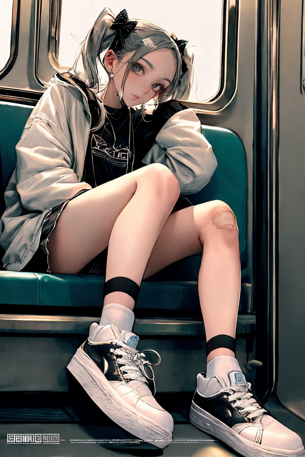 (masterpiece),,(best quality), 

1girl, solo, long hair, looking at viewer, shirt, long sleeves, bow, holding, twintails, sitting, closed mouth, jacket, full body, hair bow, grey hair, shoes, shorts, socks, open jacket, sleeves past wrists, grey eyes, black shirt, phone, black shorts, white footwear, white jacket, cellphone, bottle, black socks, sneakers, bandaid, bandaid on leg, train interior