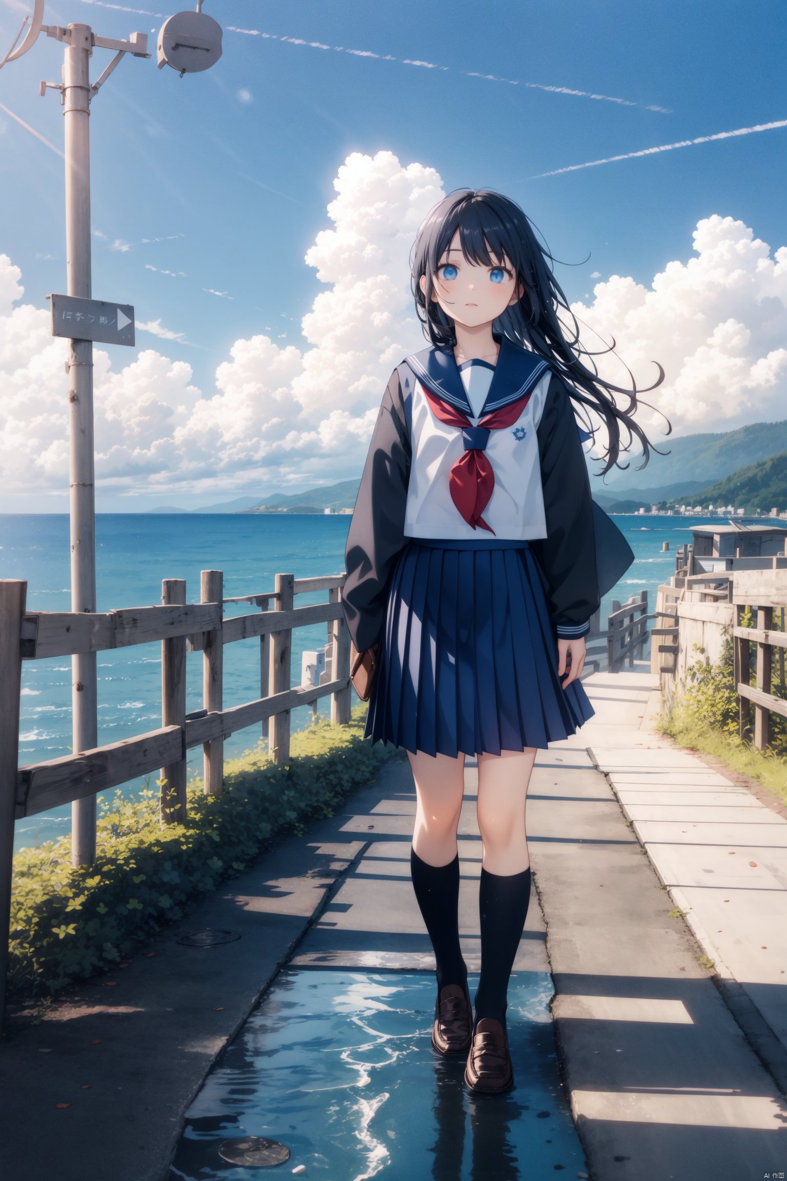  1girl, black hair, black legwear, blue sky,cloudy sky, condensation trail, day, horizon, kneehighs, loafers, long hair, long sleeves, mountain, ocean, outdoors, scenery, school uniform, serafuku, shadow, shoes, skirt, sky, solo, standing, water,