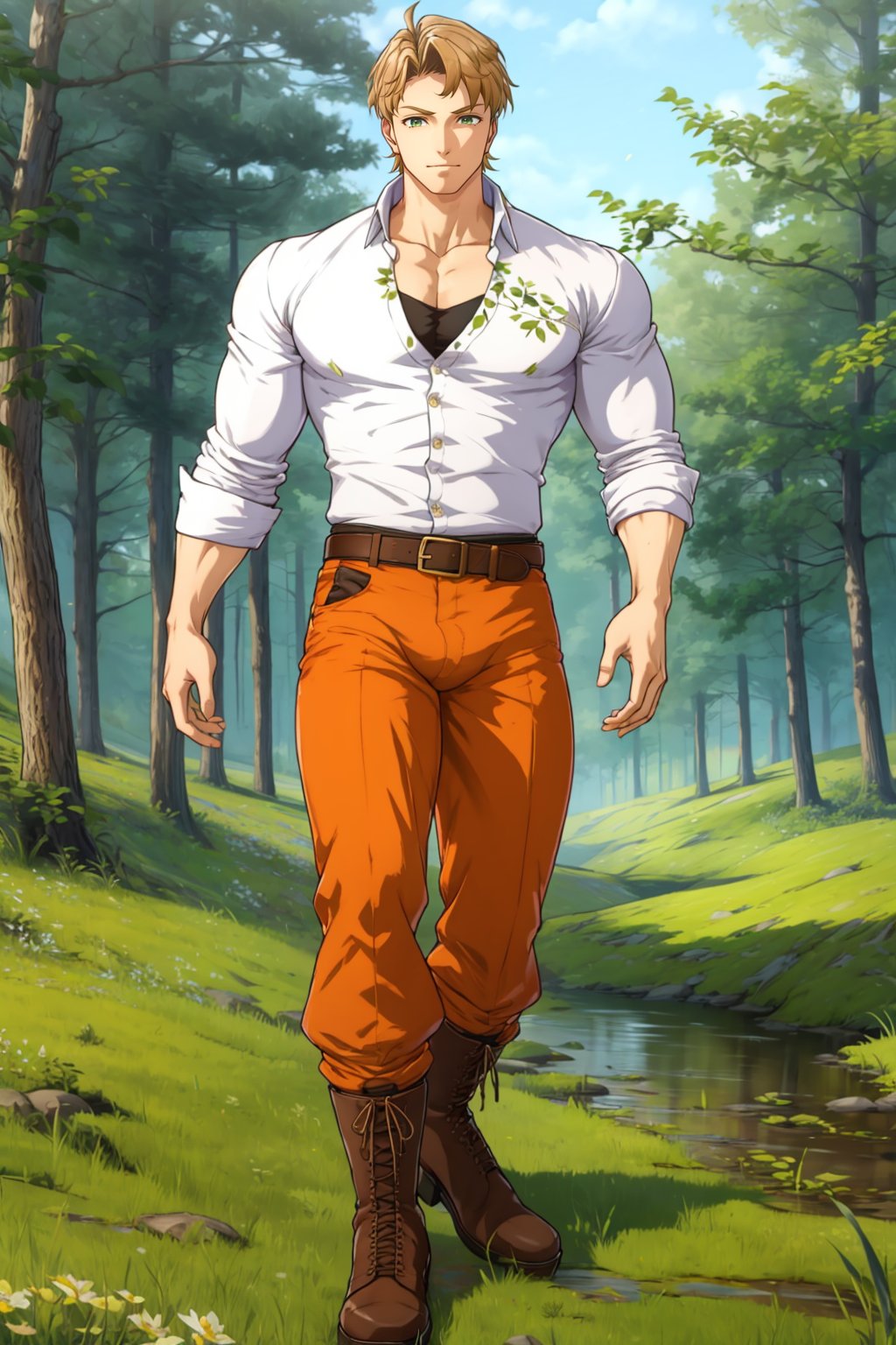 Boucheron,  photorealistic,  Undershirt,  Masterpiece,  High Quality,  Man,  White Shirt,  Gold Flowers on Shirt,  Belt,  Orange Pants,  Brown Boots,  Full Body,  Grassy Plains,  Thick Oak Trees Everywhere,  Pale leaves fluttering in the wind,  Muscular,  Broad Shoulders,  Large Biceps,  Masculine,  Great Lighting,  Huge Pectorals,  Huge Bulge in Crotch Area,<lora:EMS-253519-EMS:0.700000>,<lora:EMS-179-EMS:0.600000>