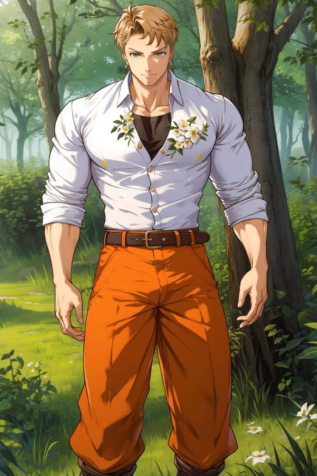 Boucheron,  photorealistic,  Undershirt,  Masterpiece,  High Quality,  Man,  White Shirt,  Gold Flowers on Shirt,  Belt,  Orange Pants, knees in frame, Grassy Plains,  Thick Oak Trees Everywhere,  Pale leaves fluttering in the wind,  Muscular,  Broad Shoulders,  Large Biceps,  Masculine,  Great Lighting,  Huge Pectorals,  Large Crotch, Manly, Adult Male