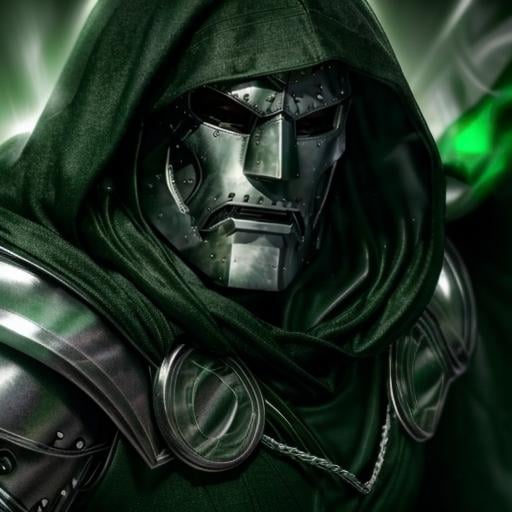 (face closeup in mood light)(<lora:DoctorDoomLoRA:1> silver metal mask,green hood,green cape, belt,green armor,green cloak,silver gauntlets), high quality, ultra realistic, sharpen image, upper body, Highly detailed,  <lora:more_details:0.3> 