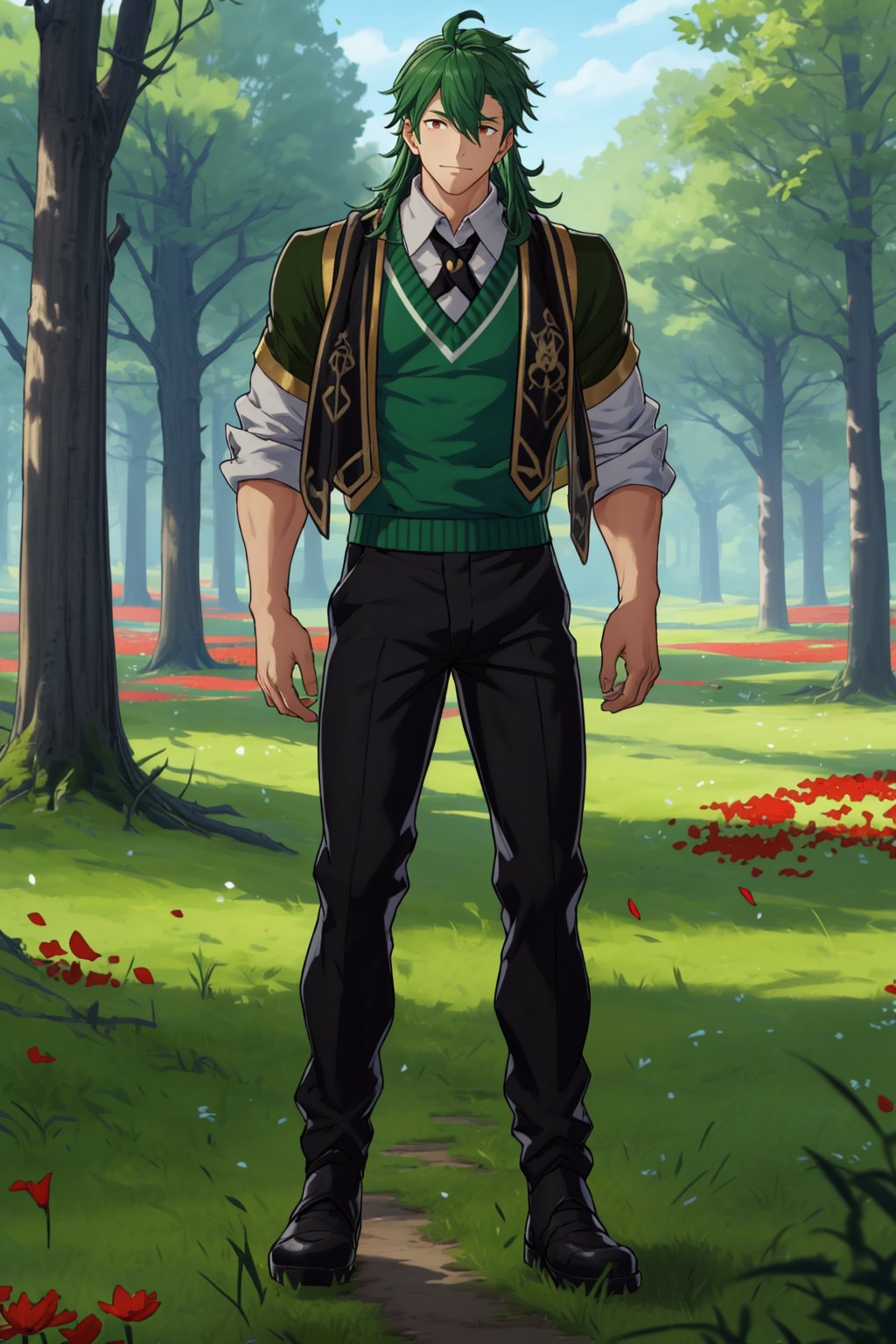 Gregory,  Man,  Masculine,  Masterpiece,  High Quality,  Confident,  Rugged,  Dark Green Long Hair,  White Collared Shirt,  Green Vest,  Scarf,  Black Necktie,  Black Pants,  Boots,  Full Body,  Standing,  Dark Dirt Path,  Grassy Field,  Oak Trees,  Delicate Red Flowers Everywhere,  Tiny Red Petals Floating in the Wind,  Red Petals Falling Everywhere,  One Hand on Hip,  Very Broad Shoulders,  Large Pectorals,  Muscular,  Large Muscles,  Manly,  Handsome,<lora:EMS-254033-EMS:0.700000>,<lora:EMS-179-EMS:0.500000>