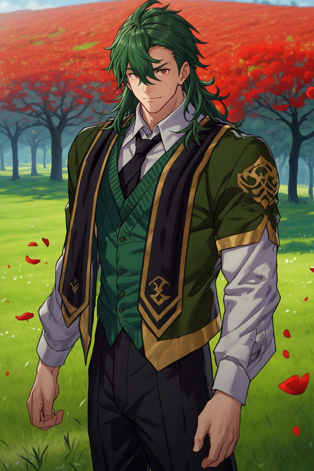 Gregory,  Man,  Masculine,  Masterpiece,  High Quality,  Confident,  Rugged,  Dark Green Long Hair,  White Collared Shirt,  Green Vest,  Scarf,  Black Necktie,  Grassy Field,  Oak Trees,  Delicate Red Flowers Everywhere,  Tiny Red Petals Floating in the Wind,  Red Petals Falling Everywhere,  Very Broad Shoulders,  Large Pectorals,  Muscular,  Large Muscles,  Manly,  Handsome,  Character in the Whole Frame,<lora:EMS-254033-EMS:0.700000>,<lora:EMS-179-EMS:0.600000>