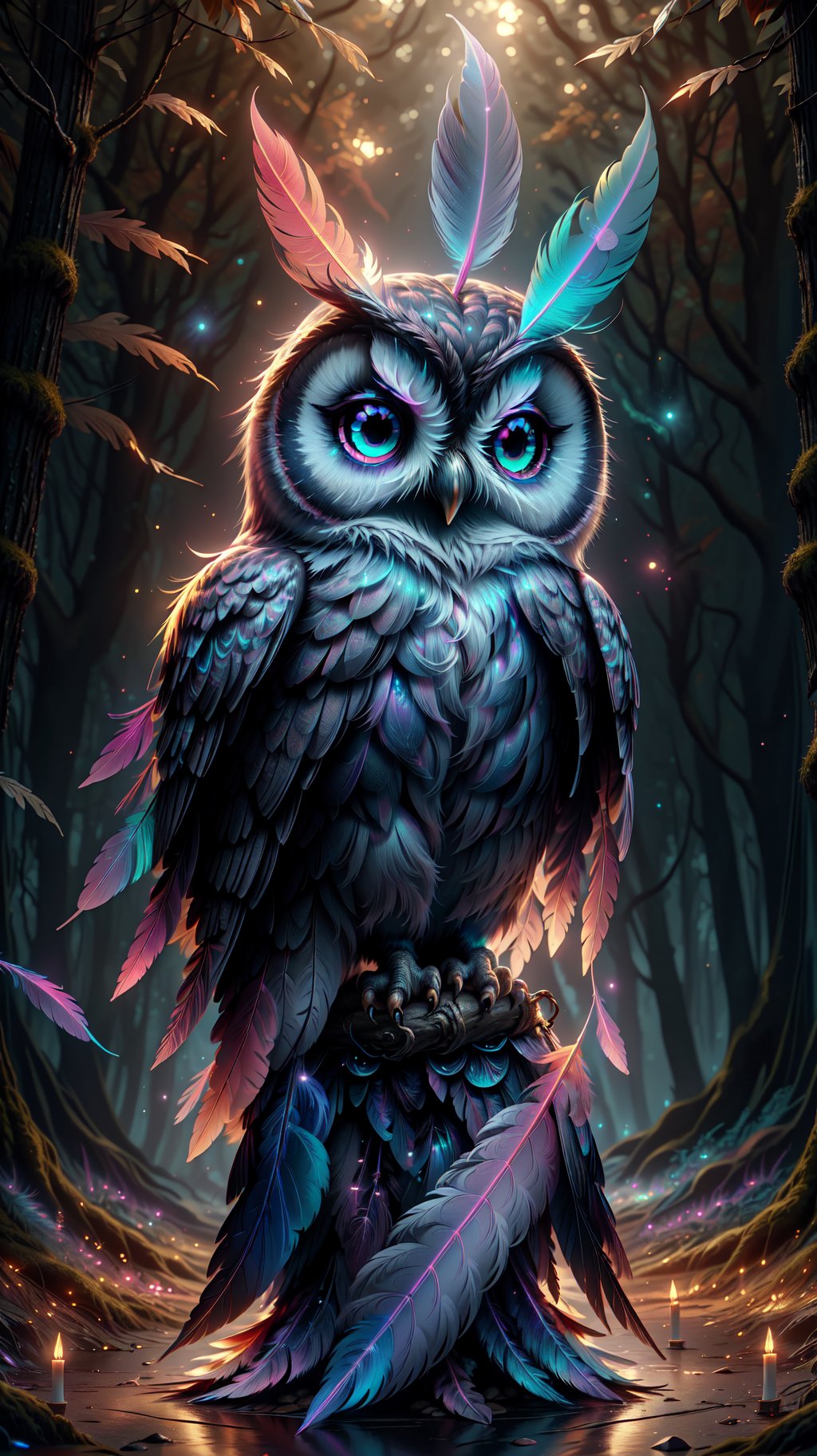 a magical owl in an autumn forest, masterpiece, 8k, award winning, high quality, best quality, cinematic, intense lighting, vivid colors, extremely detailed, (iridescent feathers:1.4), candles, magic dust