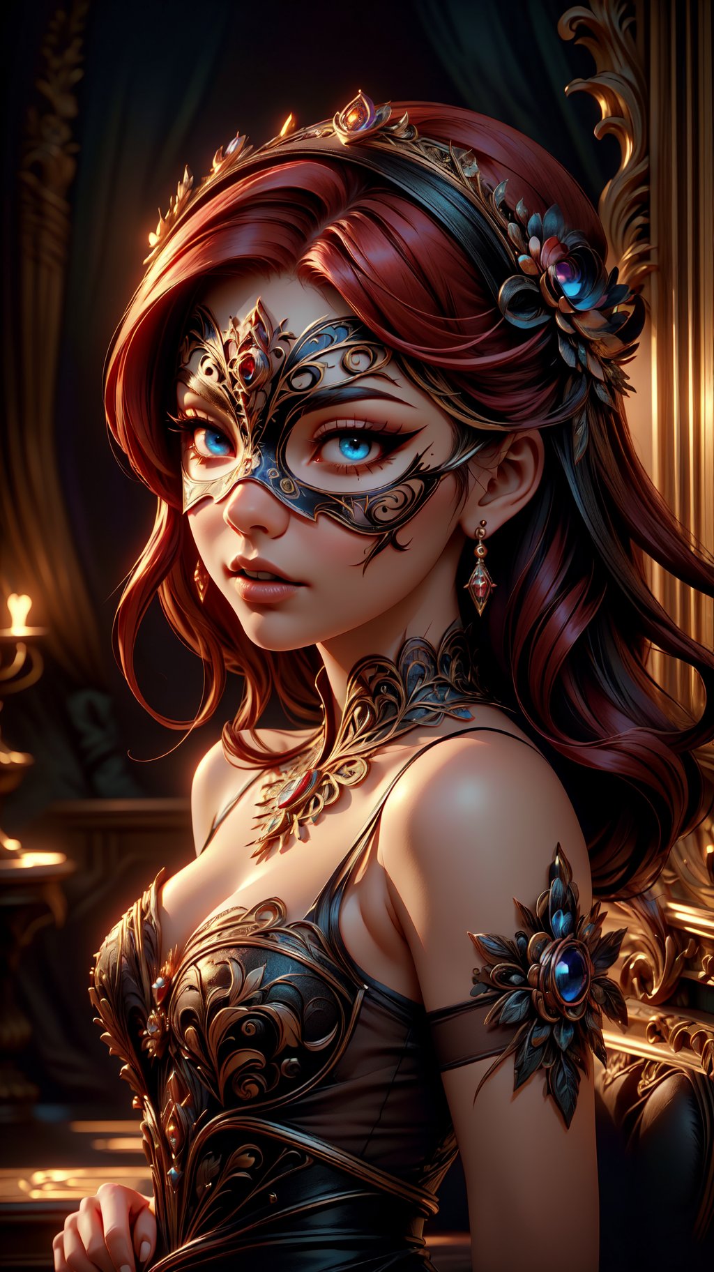 A beautiful woman at a masquerade ball, red hair, baroque theme, european, perfect eyes, (masqueurade:1.4), eye mask, extremely detailed, vivid colors, sharp focus, dramatic, award winning, high contrast, cinematic lighting, (masterpiece), (extremely intricate:1.3),