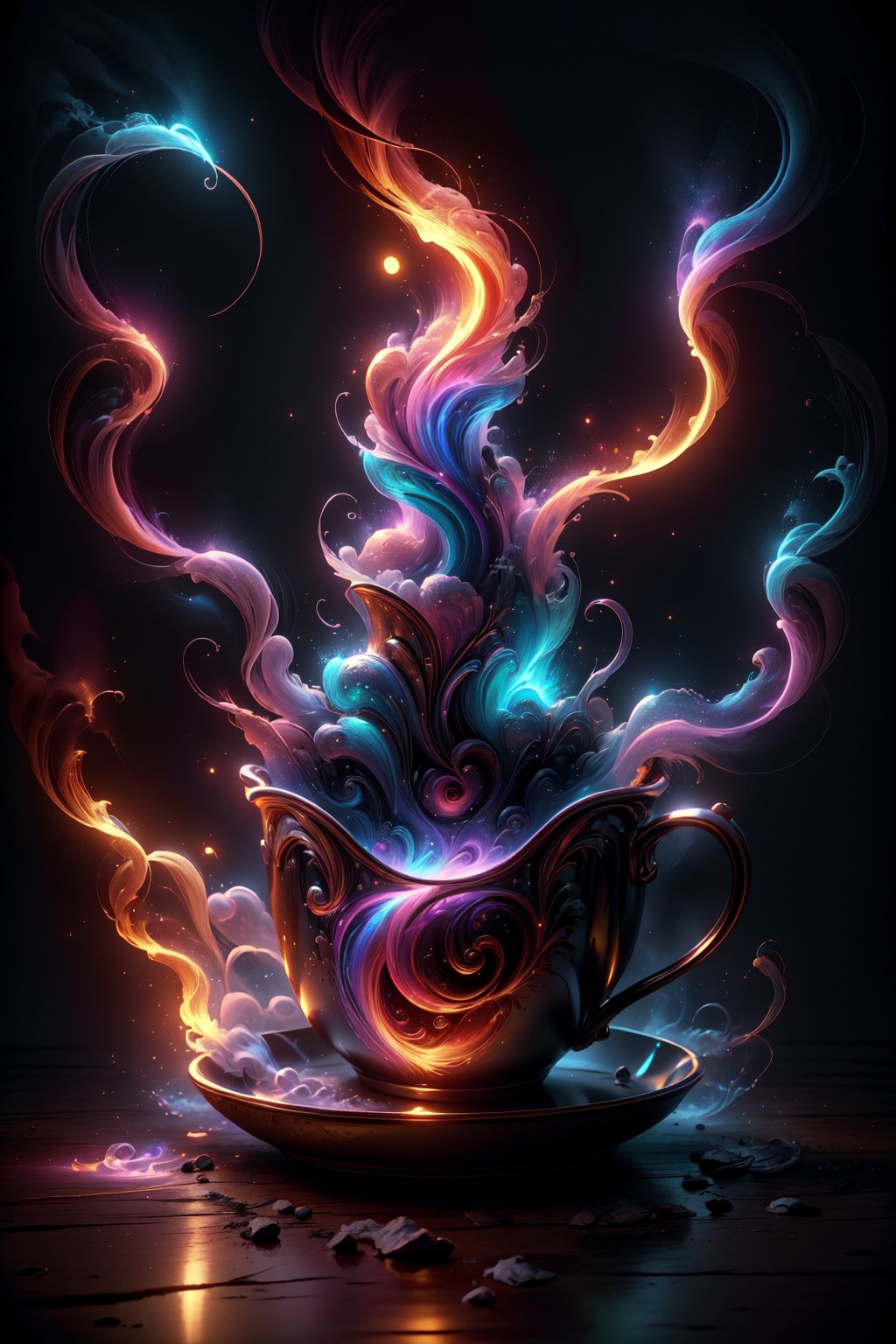 a magical cup of wizard's tea, in a wizard's kitchen, extremely detailed, vivid colors, glowing, fire, smoke, high quality, best quality,  award winning, high contrast, cinematic lighting, (masterpiece),