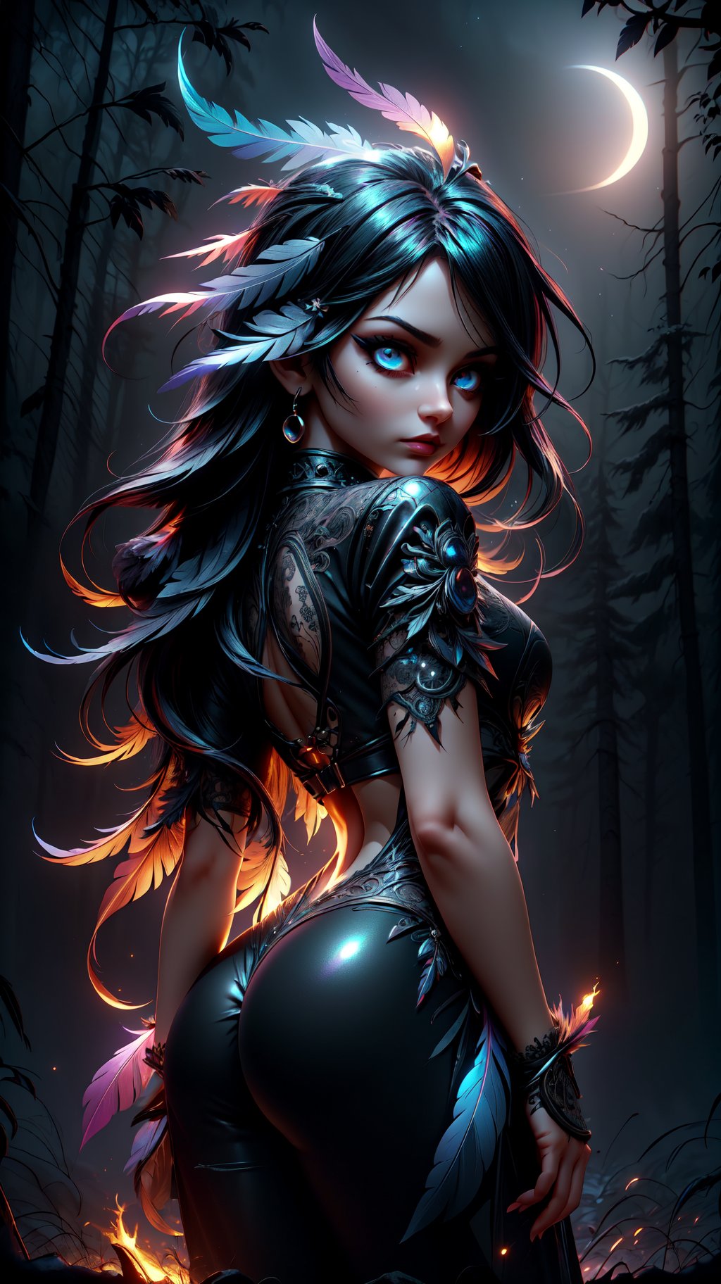 Portrait of an incredibly beautiful girl, a sexy fantasy raven goddess, very long hair, wearing shiny tight cloth and black (feathers:1.2), (colorful),  (black eyeshadow), (perfect eyes: 1.2), perfect ass, standing in a dark spooky burning dead forest, outdoors, intense firelight and moonlight, extremely detailed, sharp focus, dramatic, award winning, high contrast, cinematic lighting, (blurry background, bokeh, depth of field, night), (masterpiece), (extremely intricate:1.3),