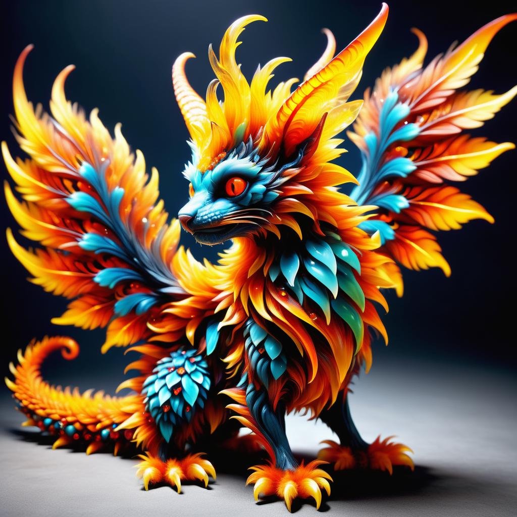hyper detailed masterpiece, dynamic, awesome quality,DonMF1r3XL firey tiny exotic networked whimsical fractal creature,  clawed appendages,  tufted-tailed, fuzzy fur,  pointed ears,  crystal wings,  <lora:DonMF1r3XL-000006:0.85>