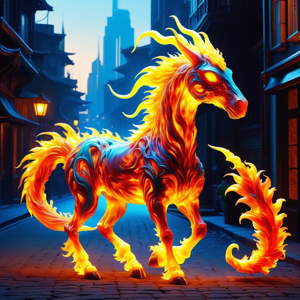 hyper detailed masterpiece, dynamic, awesome quality,DonMF1r3XL firey average alien bioluminescent urban equine soul,  furry appendages, bifurcated-tailed, tufted-tailed, smooth skin,  pointed ears,    <lora:DonMF1r3XL-000006:0.85>