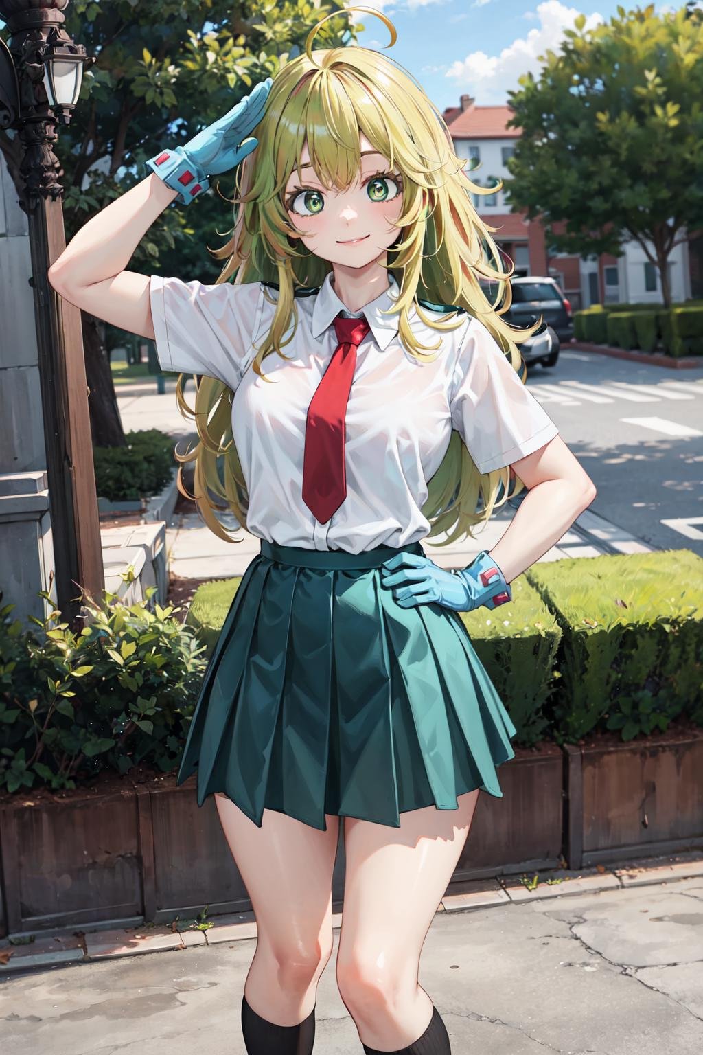 masterpiece,best quality,highres,ultra-detailed,hagakure tooru,green eyes,multicolored hair,long hair,ahoge,bangs,large breasts,school uniform,red necktie,collared shirt,short sleeves,gloves,blue gloves,green skirt,(socks:1.2),(black socks:1.1),loafers,<lora:hagakure_tooru:0.7>,outdoors,standing,cowboy shot,smile,salute,