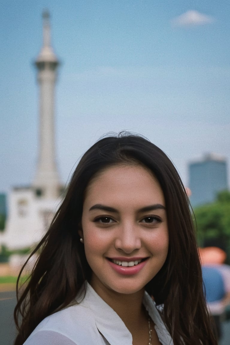 Take an interesting photo featuring (Lush Girlfriend) who is also a (Tax Collector), showing her warmth with (bright smile). She has (rich chestnut hair) and is wearing a white lacy blouse (Indonesian Monas monument in the background). Make use of the (tilt-shift) technique to create a unique perspective, give it a (Horror) twist to add an interesting twist. Enhance the scene with (specular lighting) that produces shadows that enhance the cinematic atmosphere. Take advantage of the (Samsung Galaxy) capability with aperture (F/5) to achieve the perfect blend of focus and bokeh. Create (cinematic still in 1.2) with (film grain) for a nostalgic touch and introduce (freedom-loving grain) to add charm. Aim for professional quality (35mm photos) while ensuring (highly detailed) images in (4K resolution), resulting in depictions that are visually appealing and emotionally resonant.,vanessh4,tit1,Aureli6,cwkntik24