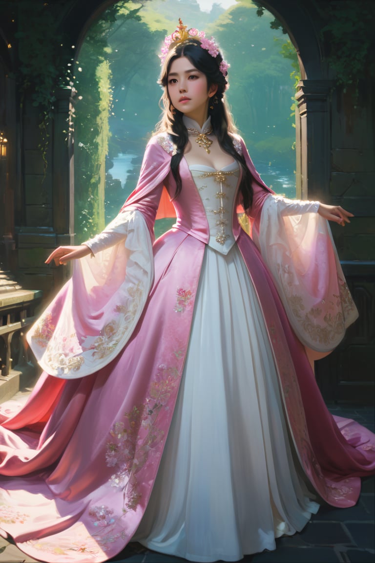 feforrest, otoko no ko, beret, pink capelet,(Analog style),turtleneck, masterpiece, best quality, ((robe)), choker,(corset), stone bridge, lake,crown, white ((ornate mediaval ballgown)), windswept amazing long hair,4k,( bokeh),absurdres, professional majestic oil painting by Ed Blinkey, Atey Ghailan, Studio Ghibli, by Jeremy Mann, Greg Manchess, Antonio Moro, trending on ArtStation, trending on CGSociety, trending on deviantart, Intricate, High Detail, Sharp focus, dramatic, photorealistic painting art , Greg Rutkowski,(concept art from tangled),more detail XL,18thcentury