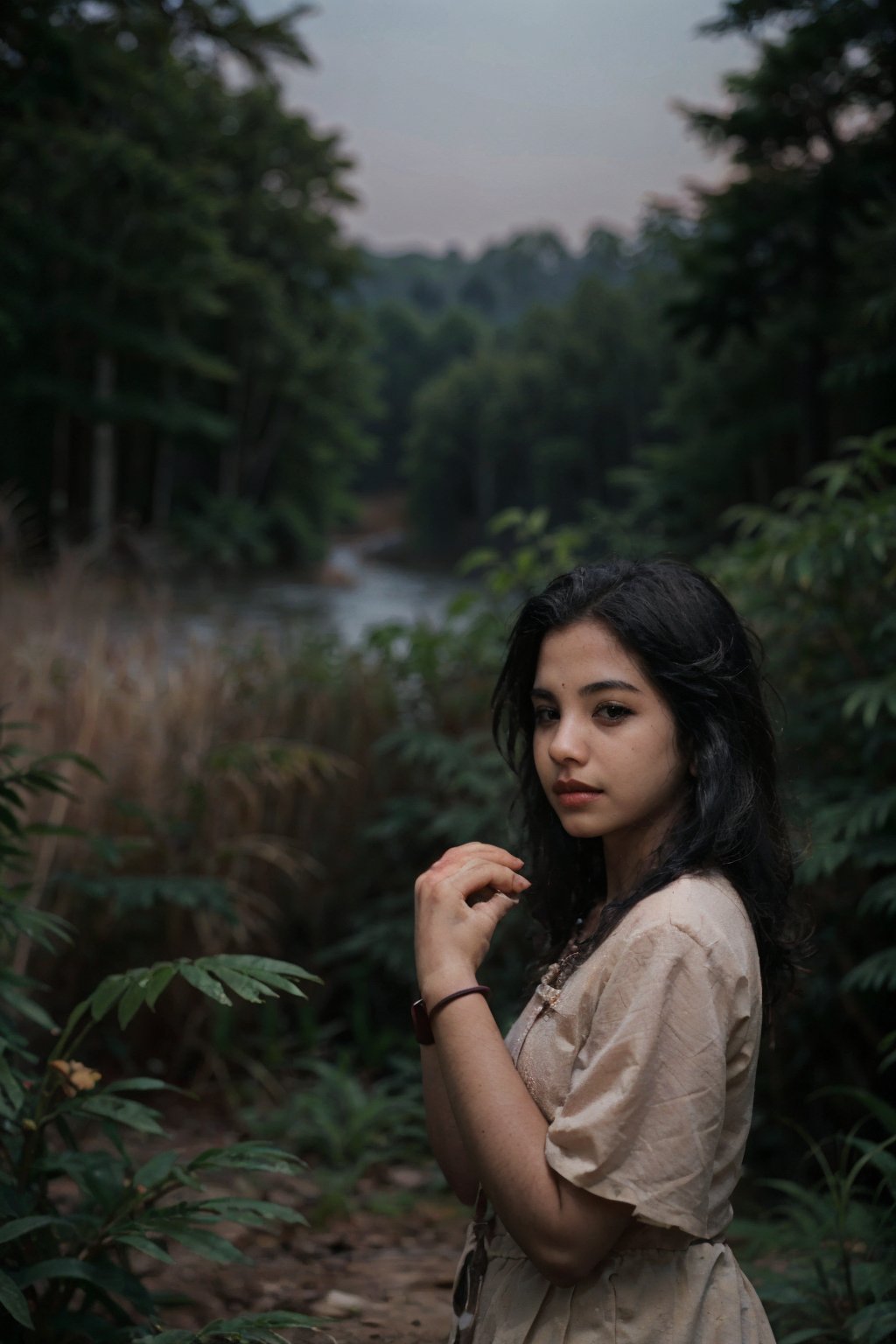 masterpiece, best quality, ultra-detailed, solo, forest, rocks, river, wood, smoke,clear sky, fujifilms , cinematic colour grading, analog style (look at viewer:1.2) (skin texture)  1mallugirl,1 girl,Mallugirl,1mallu girl,20 year old girl