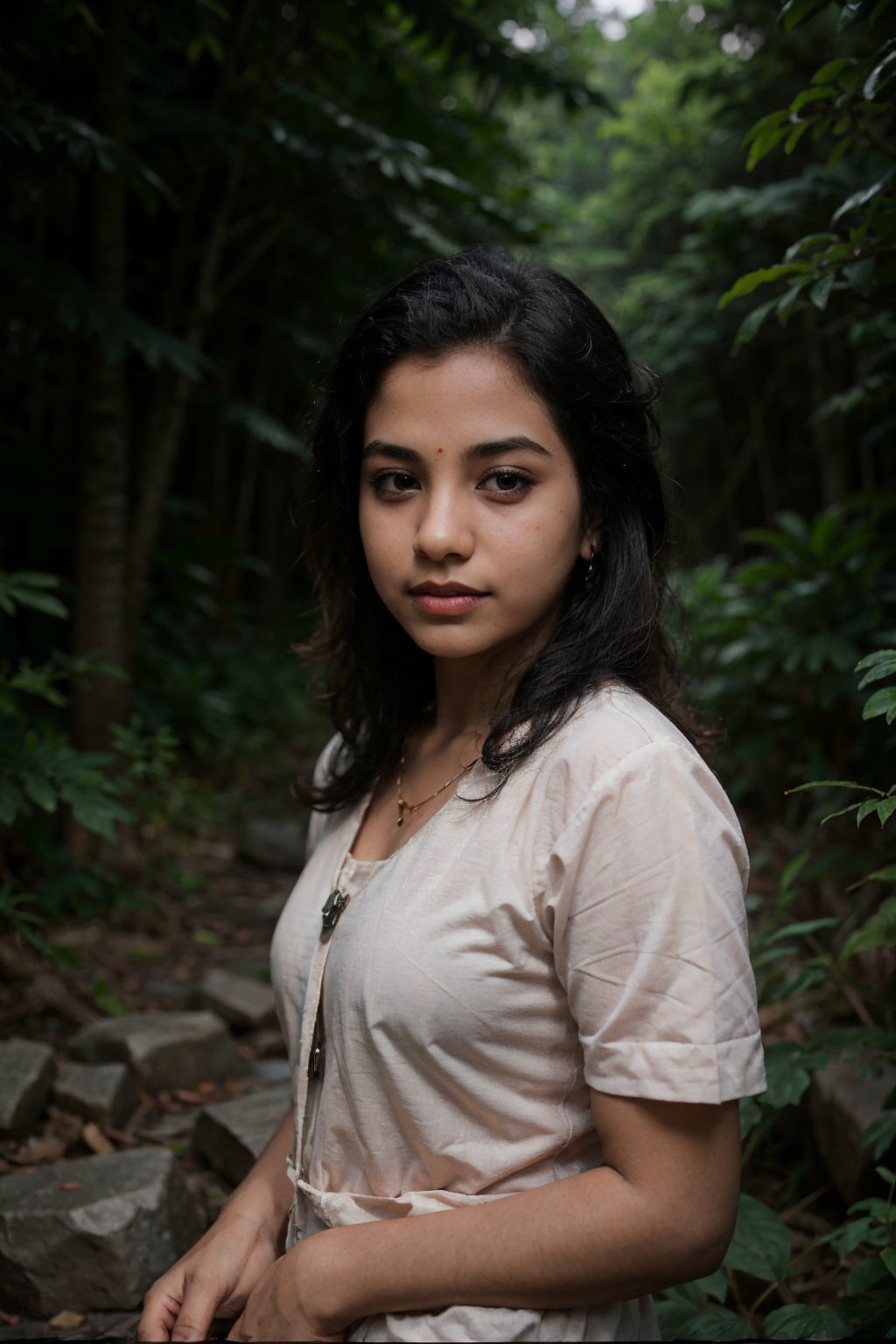 masterpiece, best quality, ultra-detailed, solo, forest, rocks, river, wood, smoke,clear sky, fujifilms , cinematic colour grading, analog style (look at viewer:1.2) (skin texture)  1mallugirl,1 girl,Mallugirl,1mallu girl,20 year old girl,deepjourney