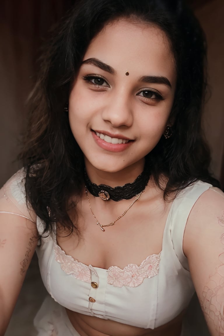 1girl, mallu 18yo' heart-shaped pupils, fingernails, black hair, saree, purple eyes, (blush:1.1), choker, upper body, trembling, sweat, sweatdrop, heart, (medium breasts:0.6), love, heart, crop top, happy, smile, lace, bokeh, (freckles:0.8), natural skin texture,black and white portrait,18 year old girl,1 girl,Extremely Realistic,20 year old girl