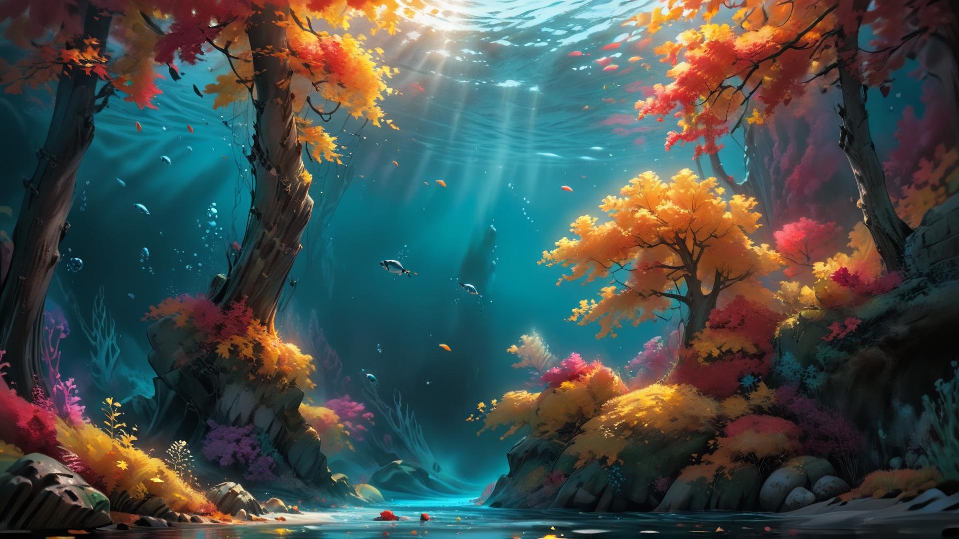 ultra realistic 8k cg, flawless, clean, masterpiece, professional artwork, famous artwork, cinematic lighting, cinematic bloom,  breathtaking scenery, painted world,  colorful splashes, background focus ,deep ocean, ((Underwater)),autumn forest <lora:Painted World-000006:1>