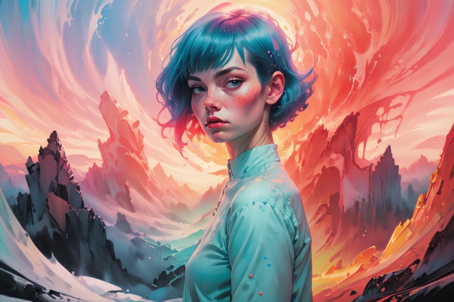 masterpiece, painted world,  colorful splashes, <lora:Painted World-000006:1> by Martine Johanna and Asher Duran, part by Casey Weldon, part by Kengo Ruan, big canvas, beautiful dynamic composition, cinematic lighting, pastel colors, high quality, colorful filter detail 1024x1024