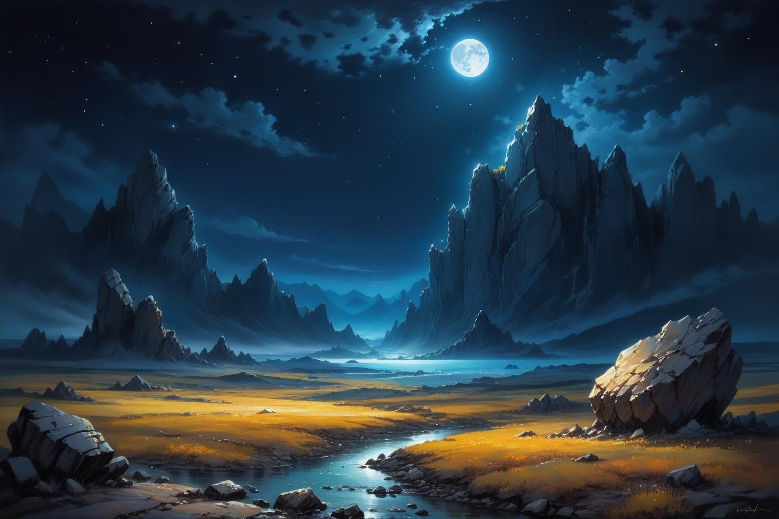 masterpiece, breathtaking scenery, painted world,  rocky terrain, night time, <lora:Painted World-000006:.5> 