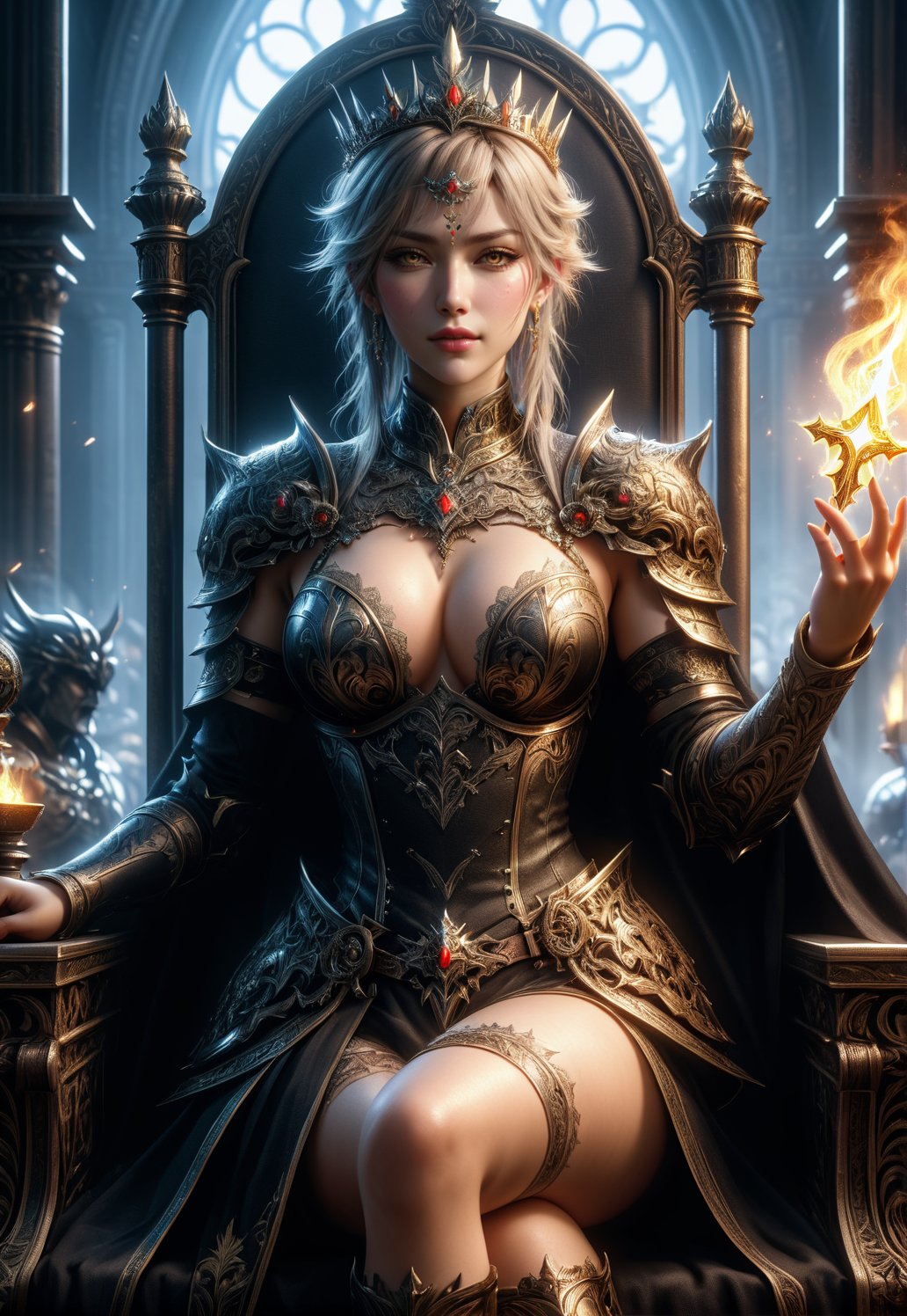 3d graphics dreamy, charming appetizing lady king happy smiley, facial muscles, smily, looking viewer,see-final fantasy, 
short dress, sword placed on the thigh,
lying down on the throne, WLOP(sharpness),tattoo, intricate details, 8k post production, high resolution, hyperdetailed, trending on artstation, sharp focus,intricate details, highly detailed, natural skin texture,   high sharpness),(hdr:2),dark anime