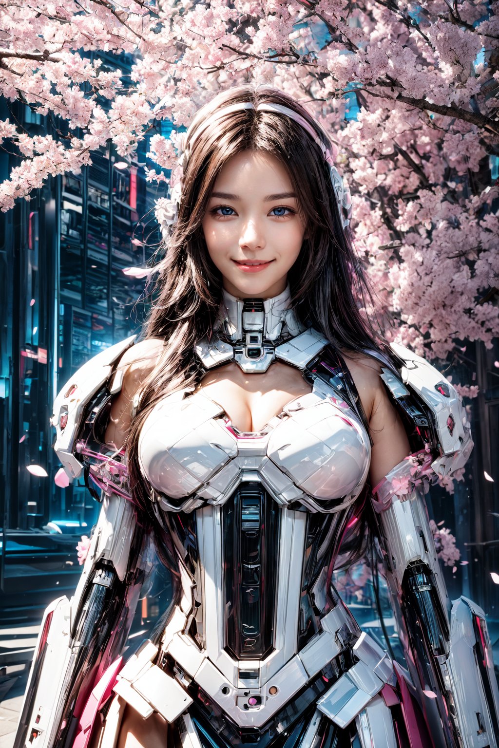 Masterpiece, High quality, 64K, Unity 64K Wallpaper, HDR, Best Quality, RAW, Super Fine Photography, Super High Resolution, Super Detailed, 
Beautiful and Aesthetic, Stunningly beautiful, Perfect proportions, 
1girl, Solo, White skin, Detailed skin, Realistic skin details, 
Futuristic Mecha, Arms Mecha, Dynamic pose, Battle stance, Swaying hair, by FuturEvoLab, 
Dark City Night, Cyberpunk city, Cyberpunk architecture, Future architecture, Fine architecture, Accurate architectural structure, Detailed complex busy background, Gorgeous, Cherry blossoms,
Sharp focus, Perfect facial features, Pure and pretty, Perfect eyes, Lively eyes, Elegant face, Delicate face, Exquisite face, Pink Mecha, 