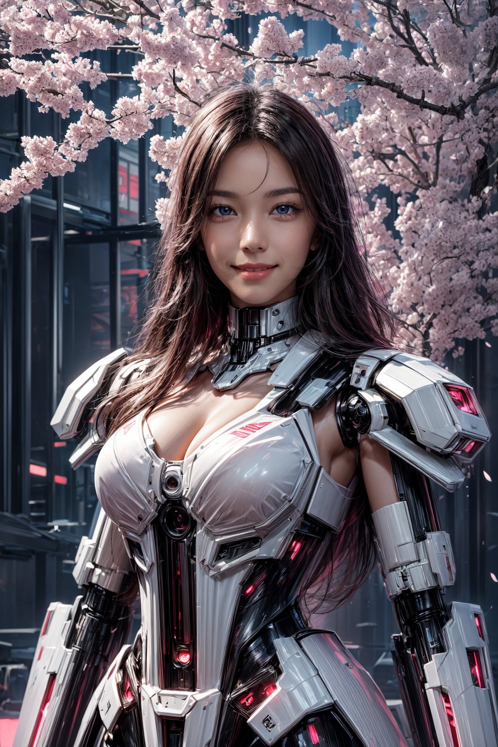 Masterpiece, High quality, 64K, Unity 64K Wallpaper, HDR, Best Quality, RAW, Super Fine Photography, Super High Resolution, Super Detailed, 
Beautiful and Aesthetic, Stunningly beautiful, Perfect proportions, 
1girl, Solo, White skin, Detailed skin, Realistic skin details, 
Futuristic Mecha, Arms Mecha, Dynamic pose, Battle stance, Swaying hair, by FuturEvoLab, 
Dark City Night, Cyberpunk city, Cyberpunk architecture, Future architecture, Fine architecture, Accurate architectural structure, Detailed complex busy background, Gorgeous, Cherry blossoms,
Sharp focus, Perfect facial features, Pure and pretty, Perfect eyes, Lively eyes, Elegant face, Delicate face, Exquisite face, Pink Mecha, 